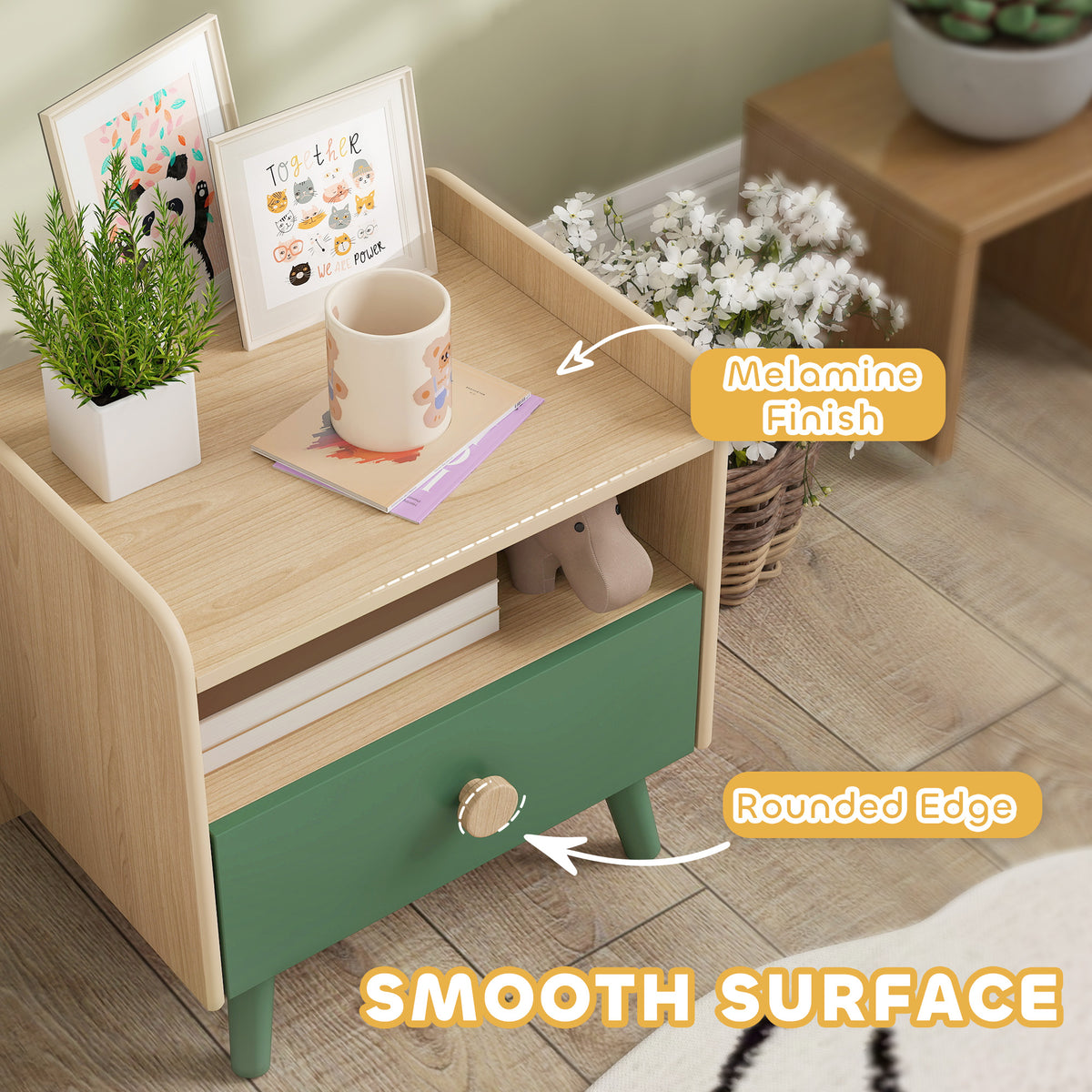AIYAPLAY Kids Wooden Bedside Table With Drawer And Open Storage Shelf Green