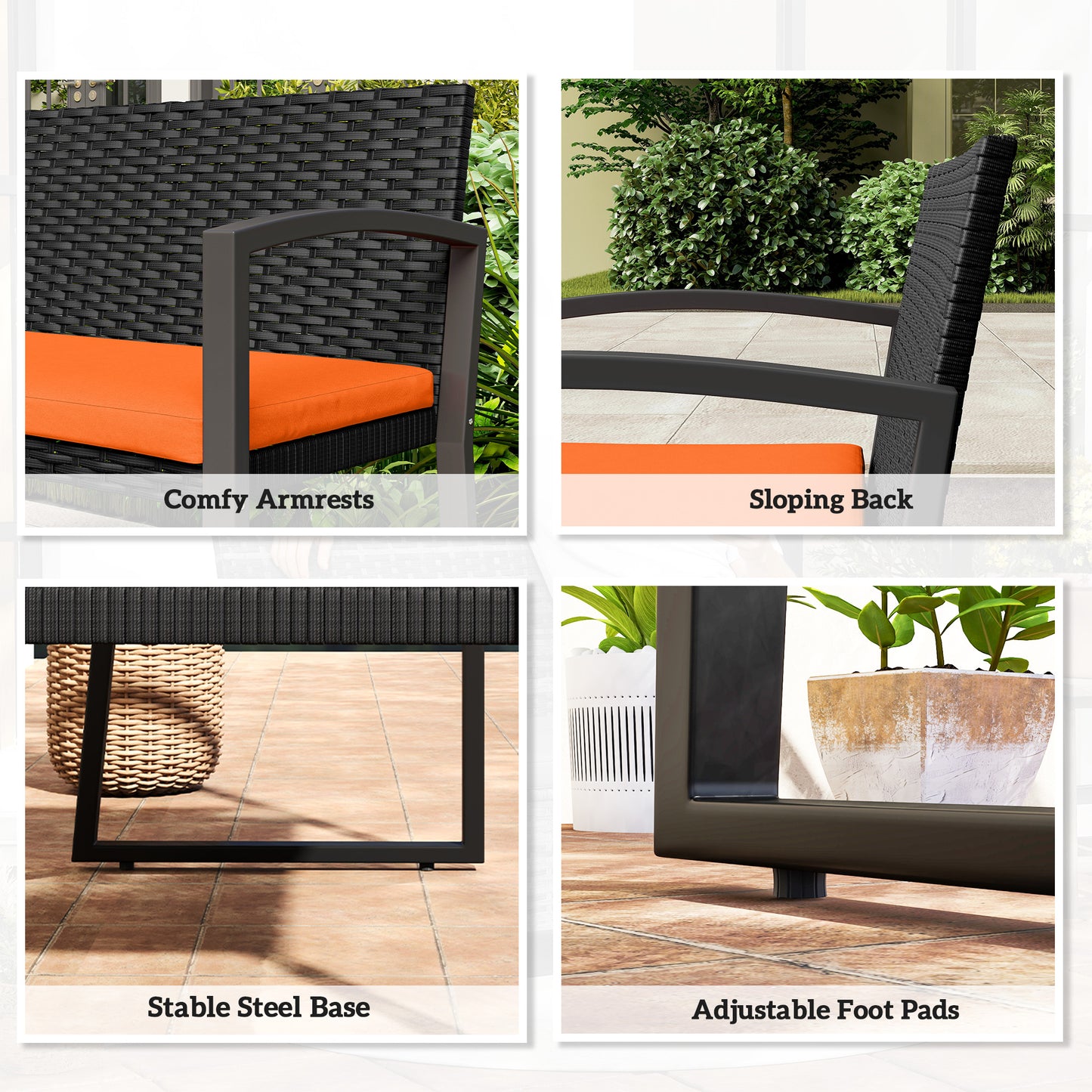 Outsunny Two Seater Rattan Garden Bench With Cushioned Seat Orange Powder Coated Steel Frame