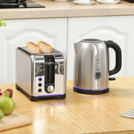 HOMCOM Polished Toaster and Kettle Set Silver Tone With 1.7L Kettle Capacity and LED Indicator