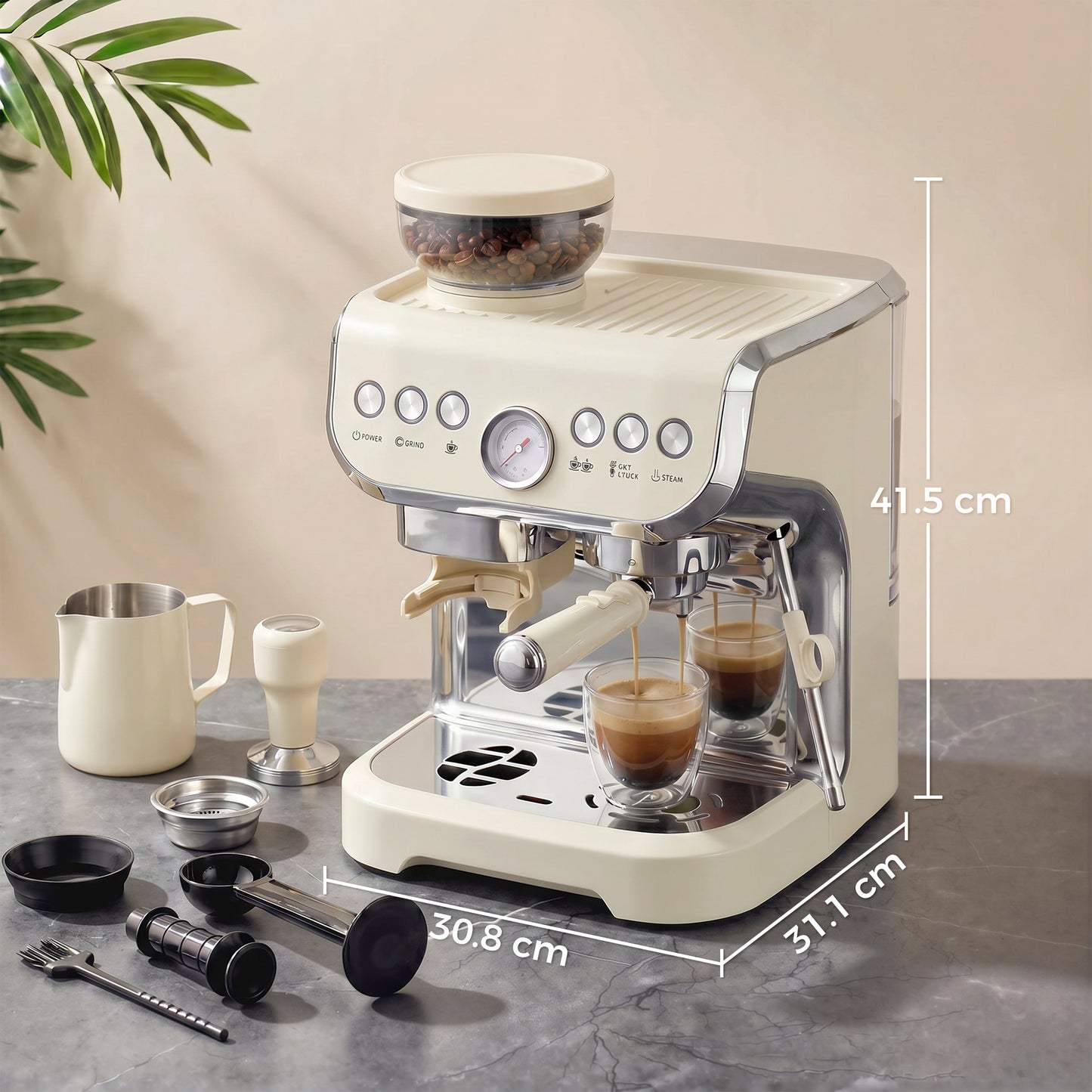 HOMCOM Bean To Cup Coffee Machine With Integrated Grinder And Steam Wand Cream White
