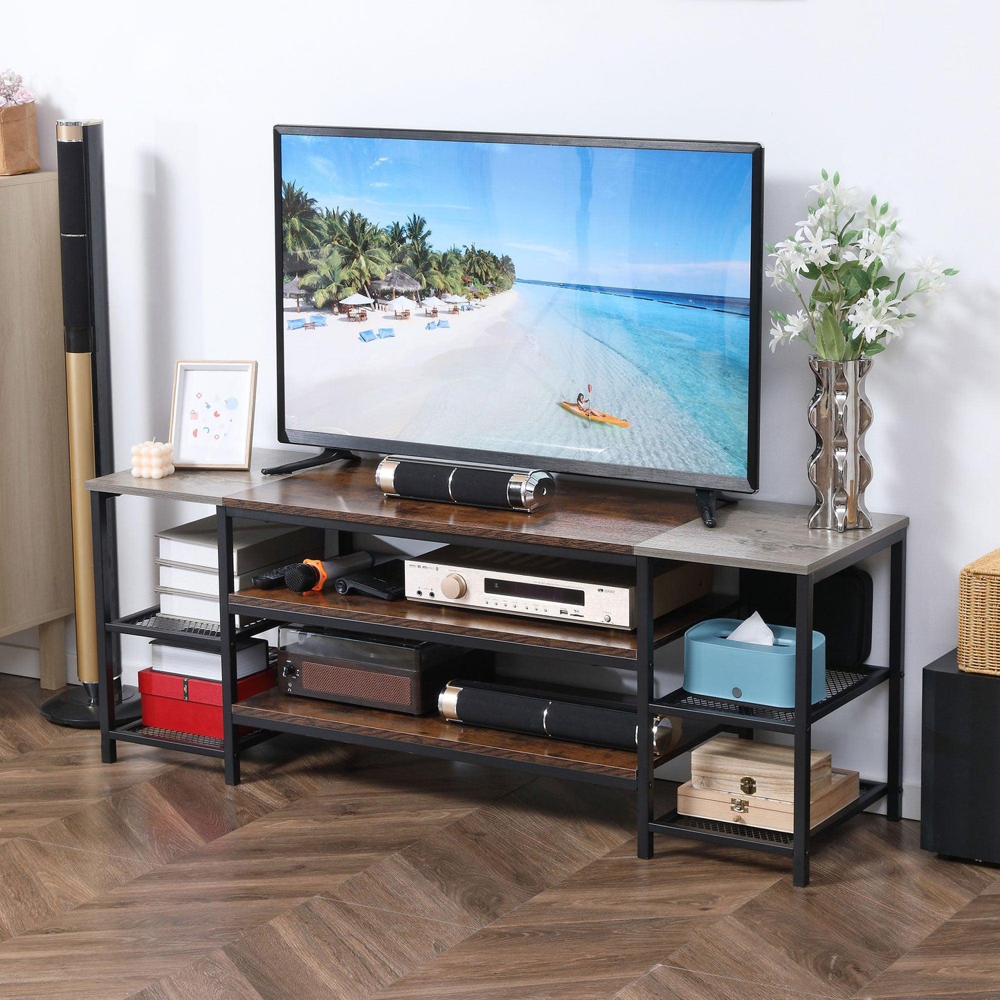 HOMCOM Industrial TV Stand, Storage Shelves, Brown/Grey, 65" TV Unit - ALL4U RETAILER LTD