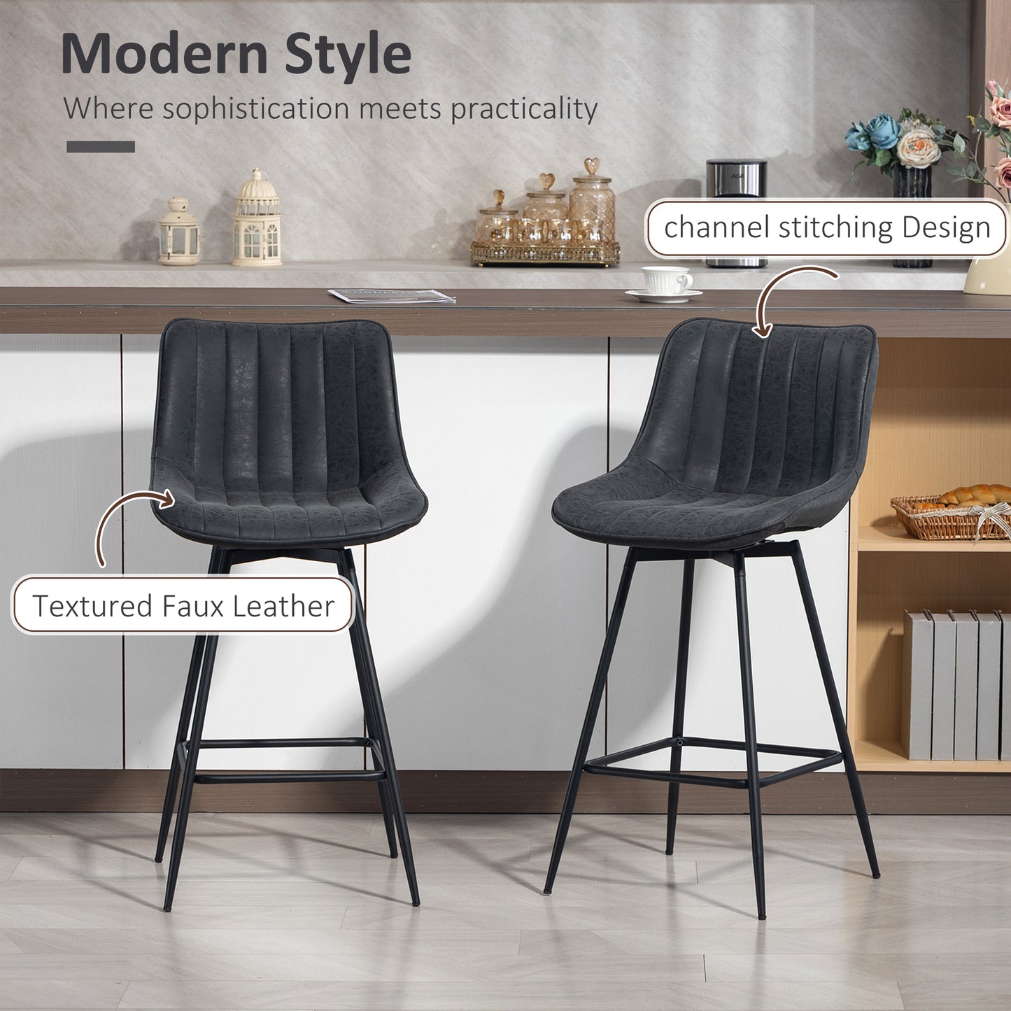 HOMCOM Set of 2 PU Leather Swivel Bar Stools Black 360 Degree Swivel Modern Pub Chairs