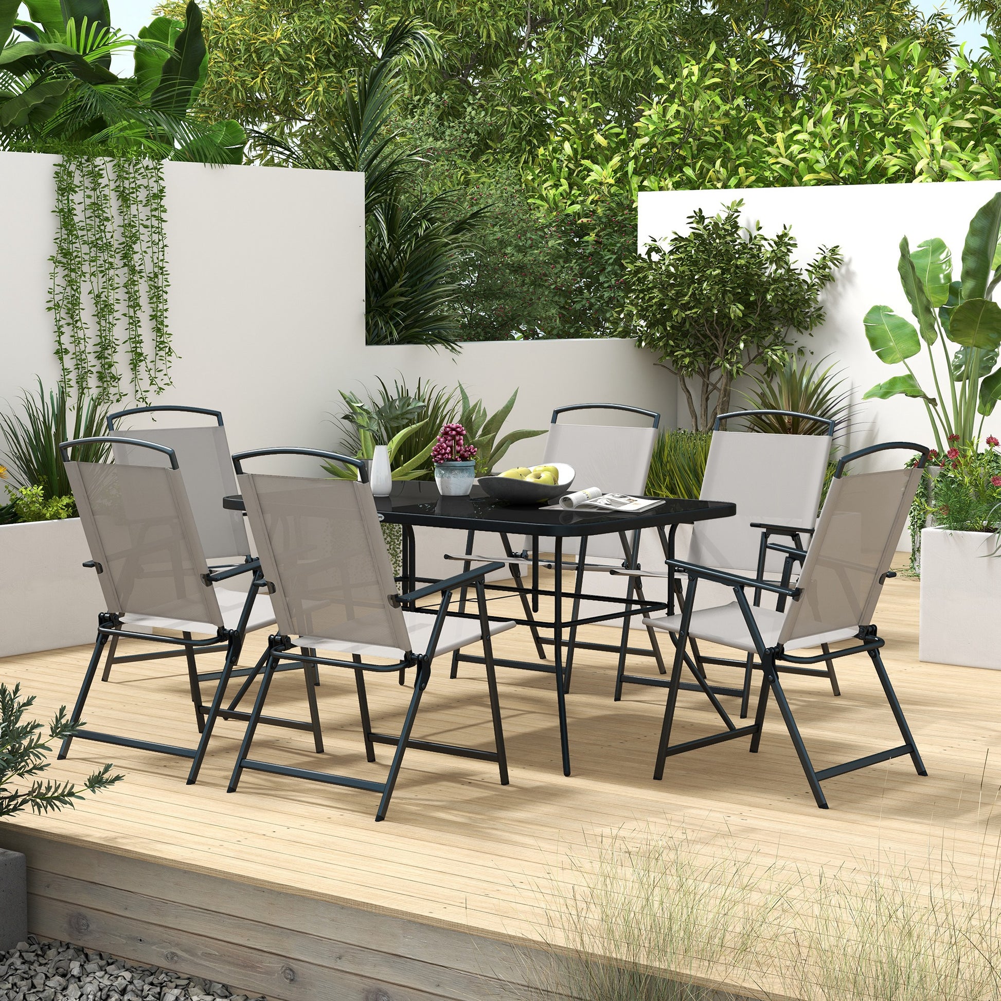 Outsunny 7-Piece Grey Outdoor Metal Dining Set with Folding Chairs and Tempered Glass Table for 6 - ALL4U RETAILER LTD