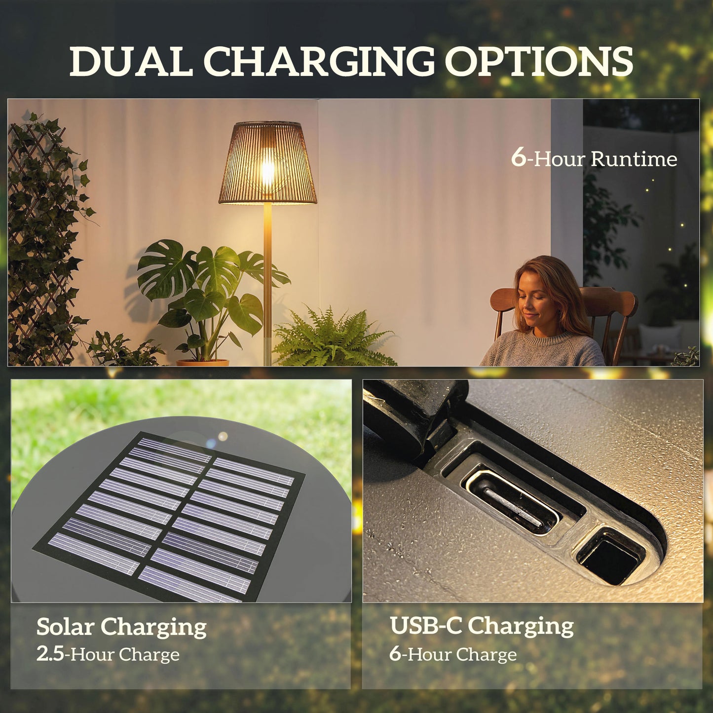 Outsunny Outdoor Solar Floor Lamp USB C Rechargeable, Adjustable Height IP44 Waterproof Garden Lighting