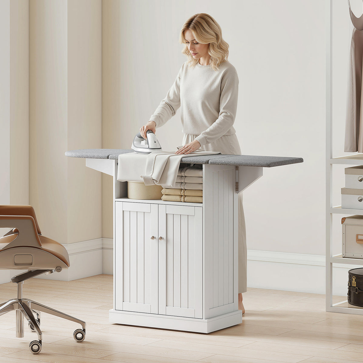 HOMCOM Mobile Ironing Board Cabinet on Wheels with Foldable Top and Storage