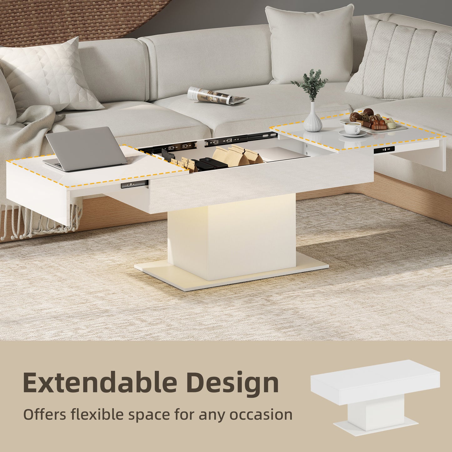 HOMCOM Extendable Coffee Table with LED Lights and Hidden Storage in High Gloss White