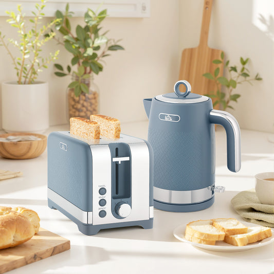 Homcom Kettle And Toaster Set Blue Textured Sleek Design Matte Finish Curved Shape