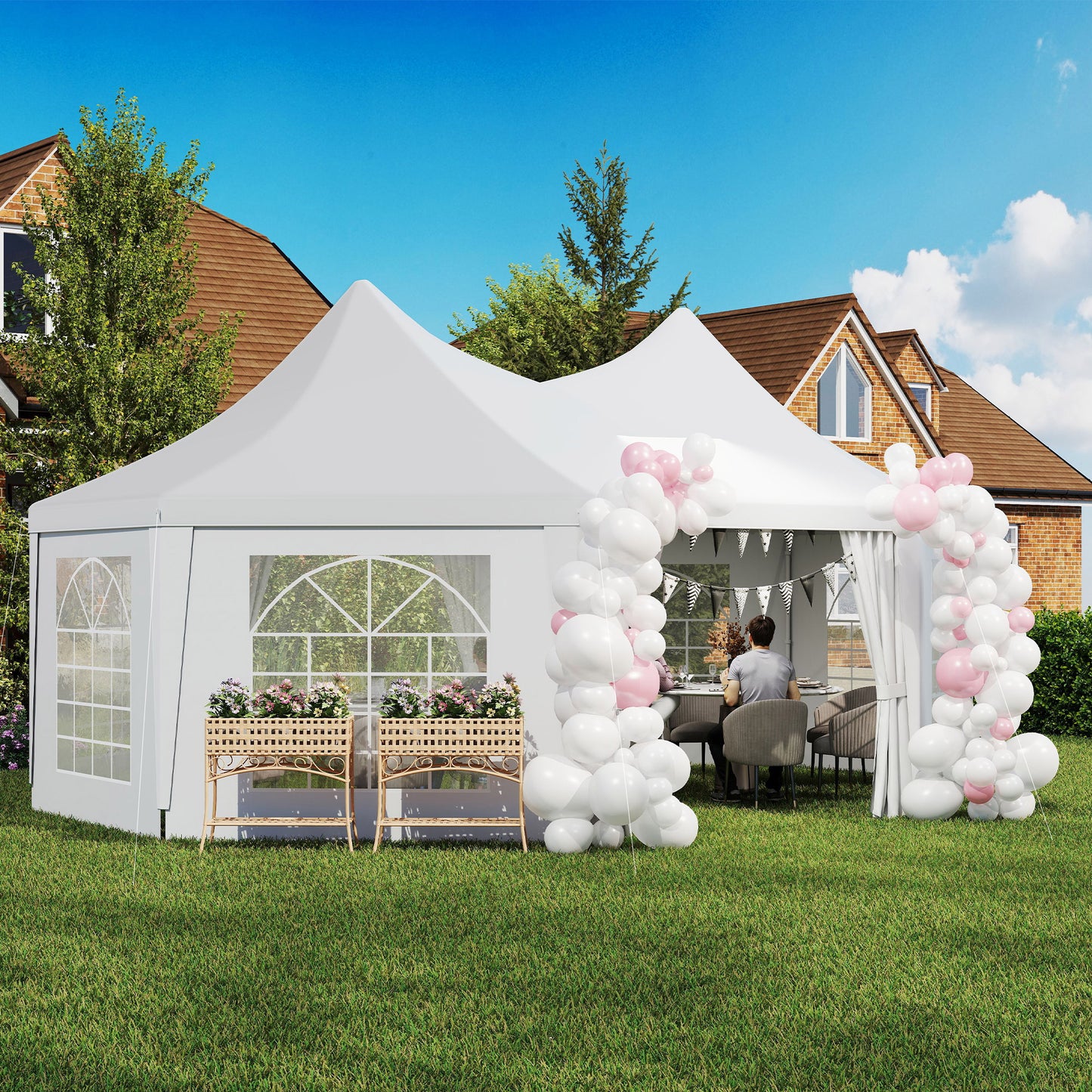 Outsunny 6.8 By 5m Octagonal Marquee Gazebo White High Roof With Galvanised Steel Frame