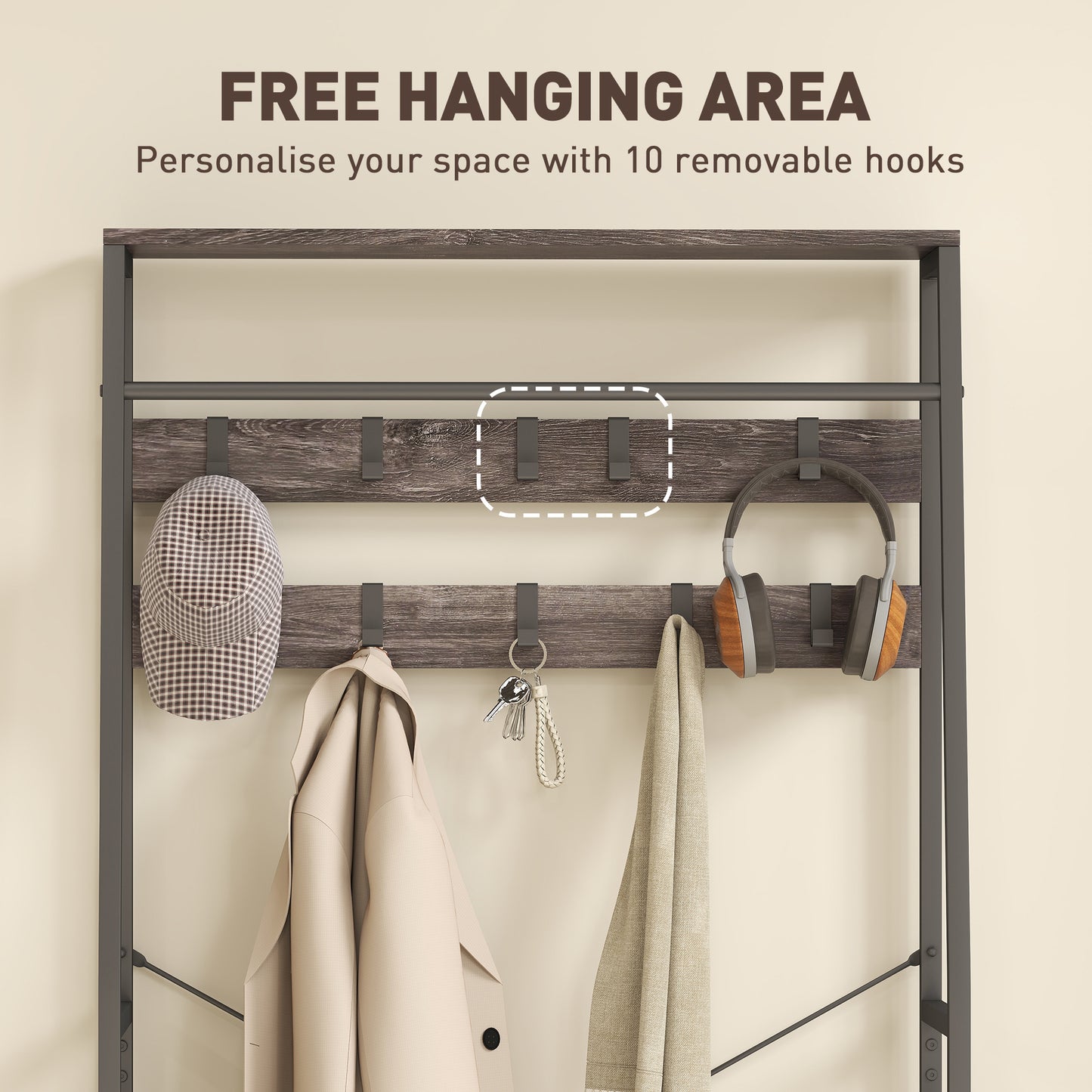 HOMCOM Hall Tree Coat Rack With Shoe Storage And Bench Industrial Organizer 10 Removable Hooks 2 Fabric Drawers Grey