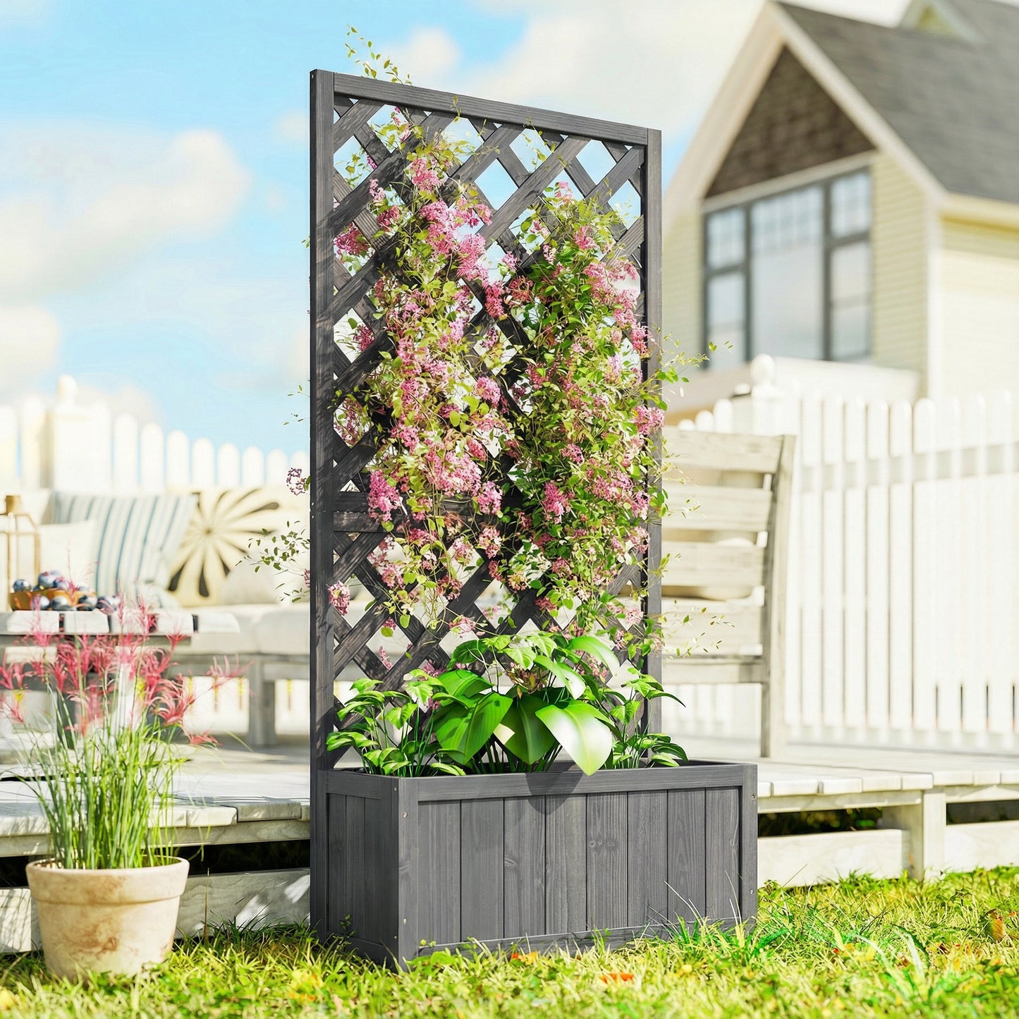 Outsunny Wooden Planter With Trellis For Climbing Plants Herbs And Flowers Raised Bed Planter Box Grey