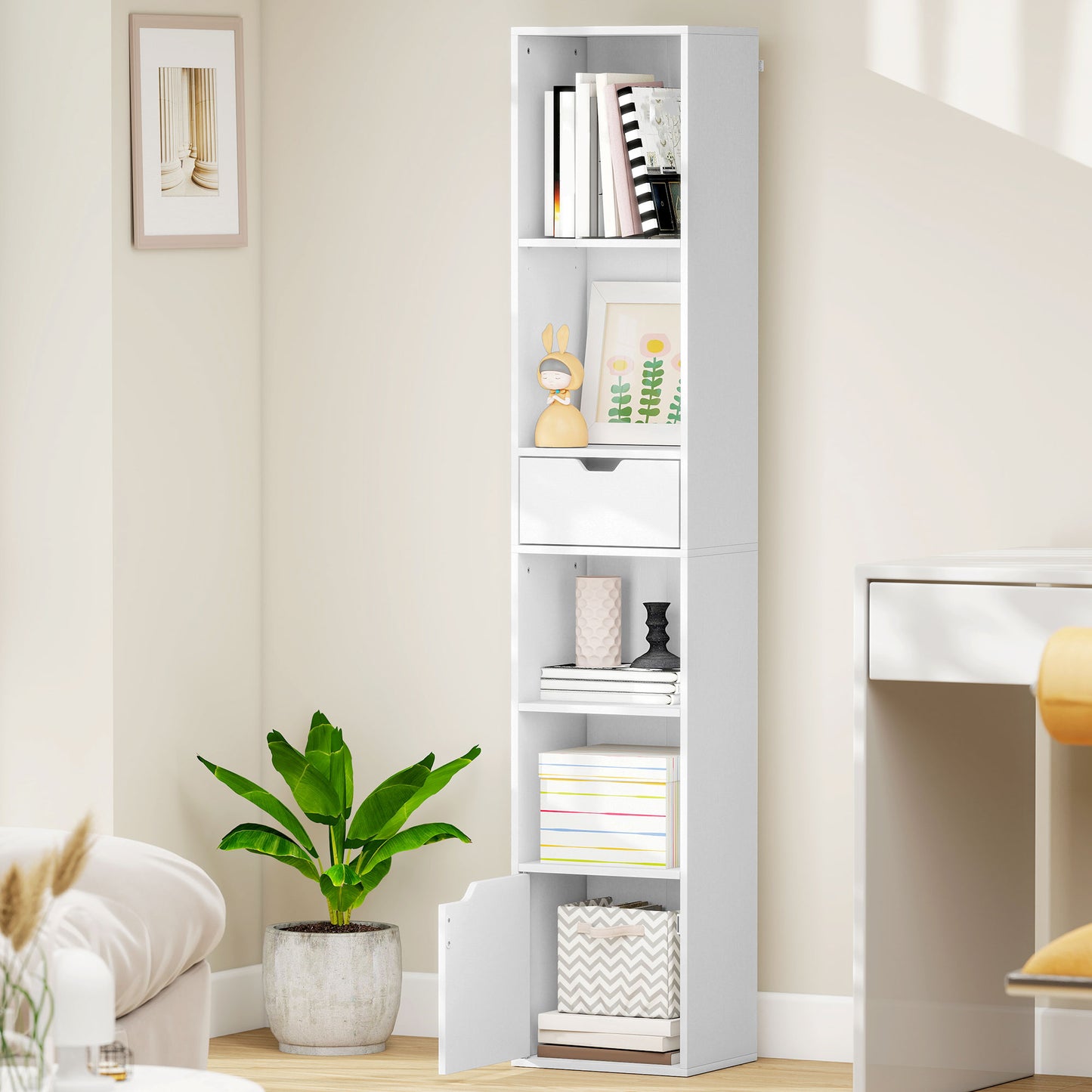 HOMCOM 6-Tier Tall Narrow Bookcase With Drawer And Door White Finish For Living Room Office Storage