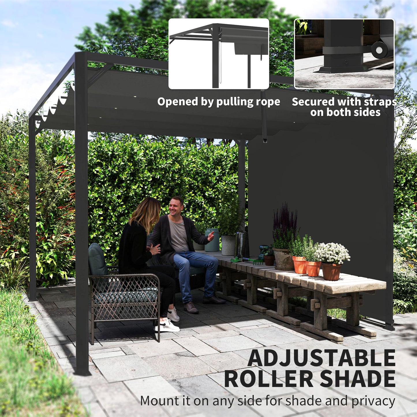 Outsunny 3x3m Aluminium Pergola With Retractable Roof And Wall For Outdoor Privacy Dark Grey