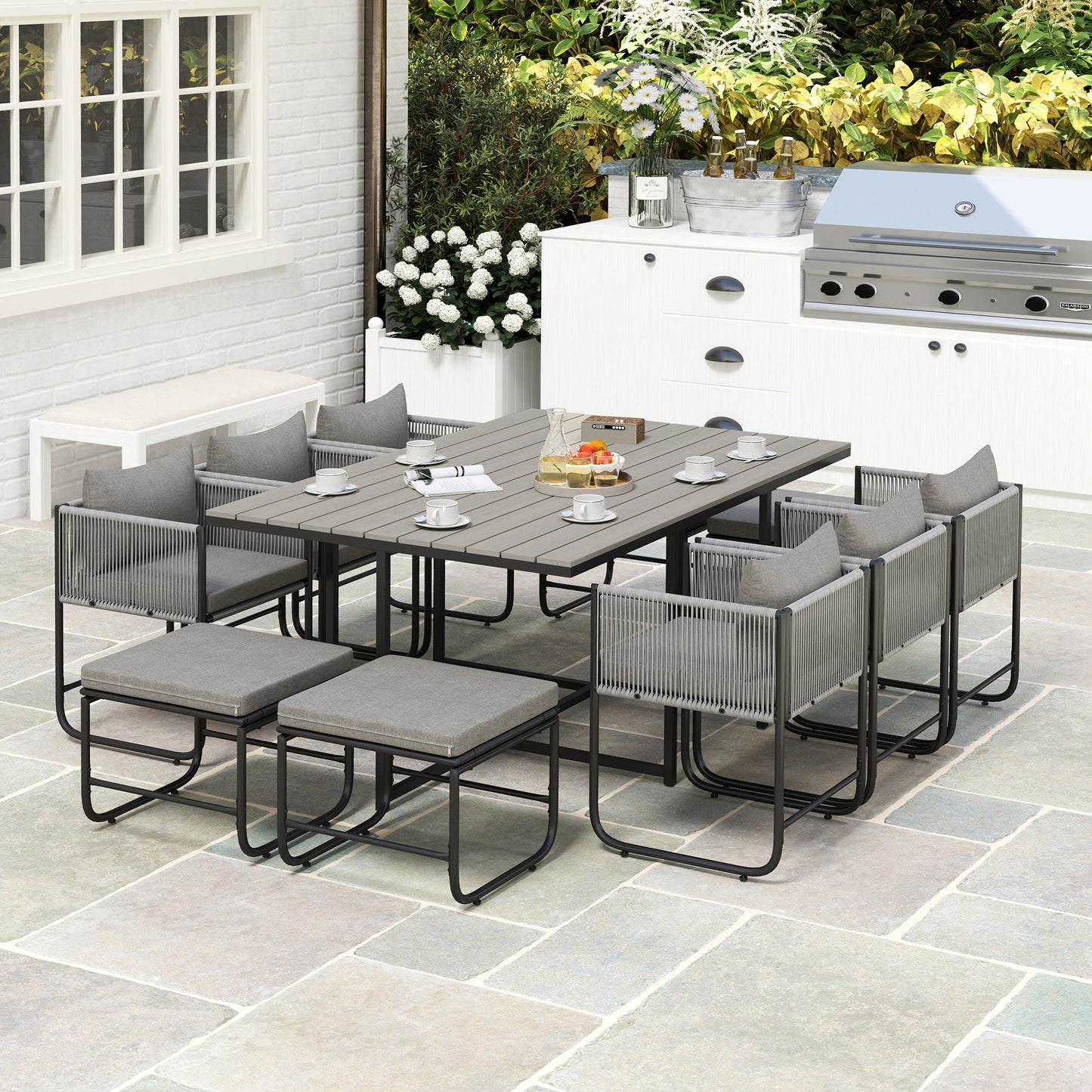 Outsunny 10 Seater Rattan Cube Garden Furniture Set With Cushions 6 Armchairs 4 Stools Wood Grain Table Grey