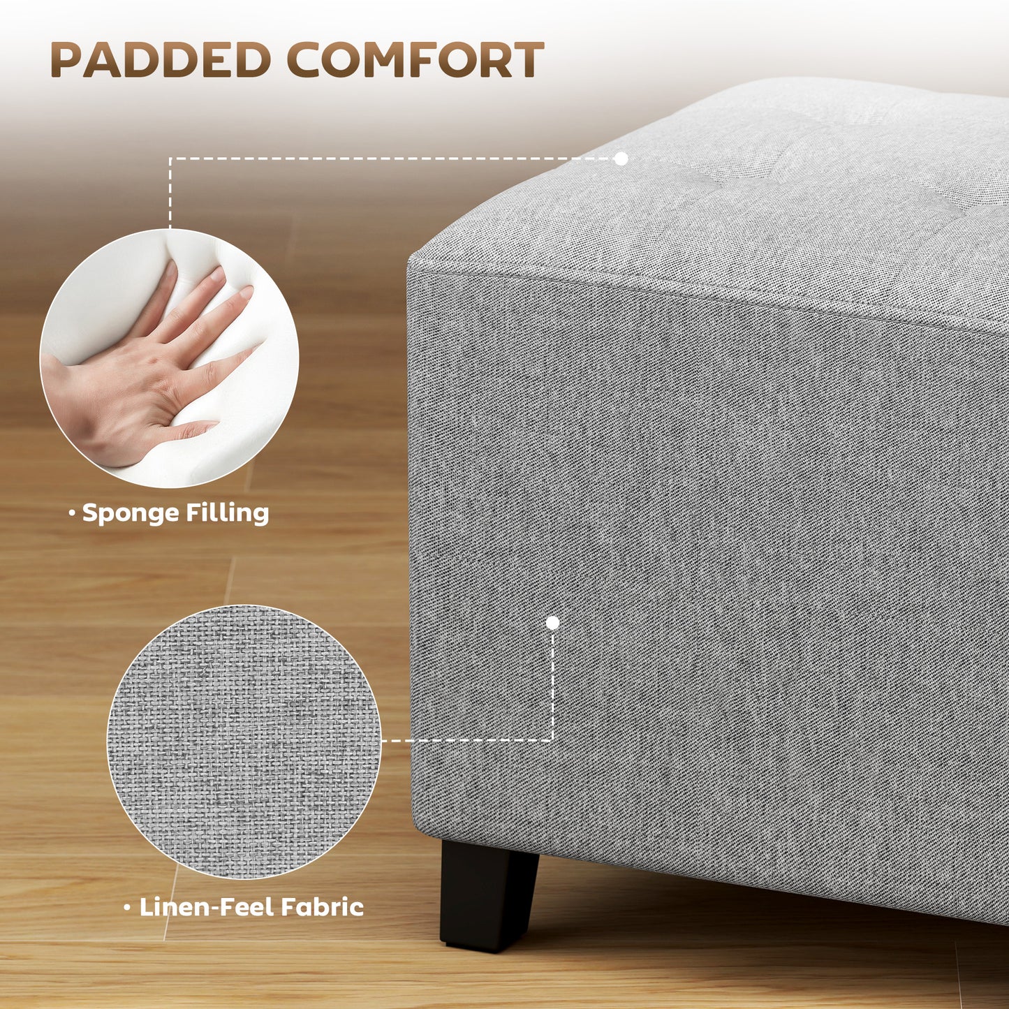 HOMCOM Square Footstool With Side Pocket Storage Ottoman Linen Fabric Footrest 35x35x35 cm Light Grey