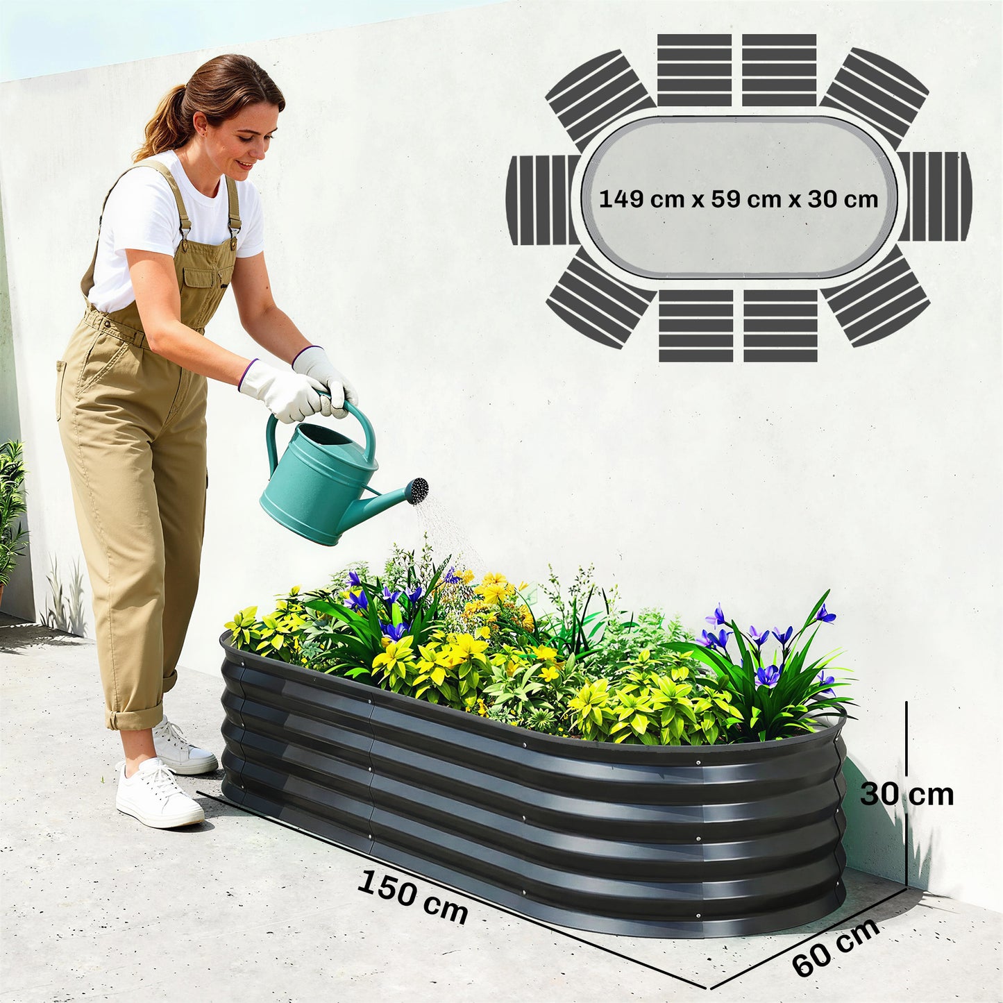 Outsunny Set of Two 150 x 60cm Galvanised Steel Planters for Outdoor Gardens Dark Grey