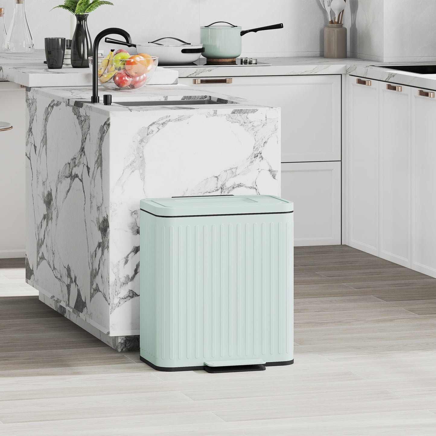 HOMCOM 40L Dual Compartment Rubbish Bin With Pedal And Soft Close Lid For Kitchen Stay Open Lid Green