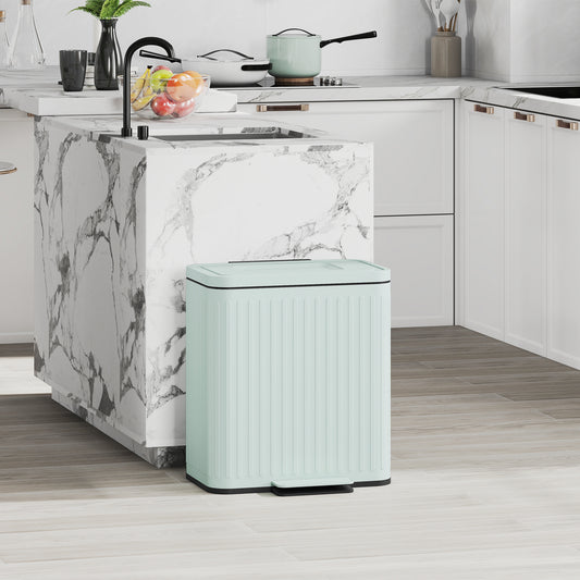 HOMCOM 40L Dual Compartment Rubbish Bin With Pedal And Soft Close Lid For Kitchen Stay Open Lid Green