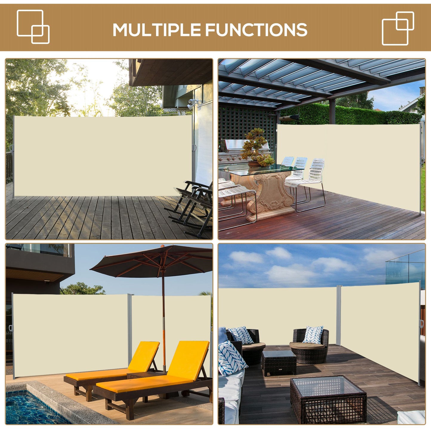 Outsunny 3x2m Retractable Sun Side Awning Screen Fence For Patio Garden Wall Balcony Privacy Divider Cream