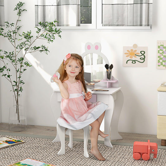 ZONEKIZ Bunny-Design Kids Dressing Table, with Mirror and Stool - White and Pink - ALL4U RETAILER LTD