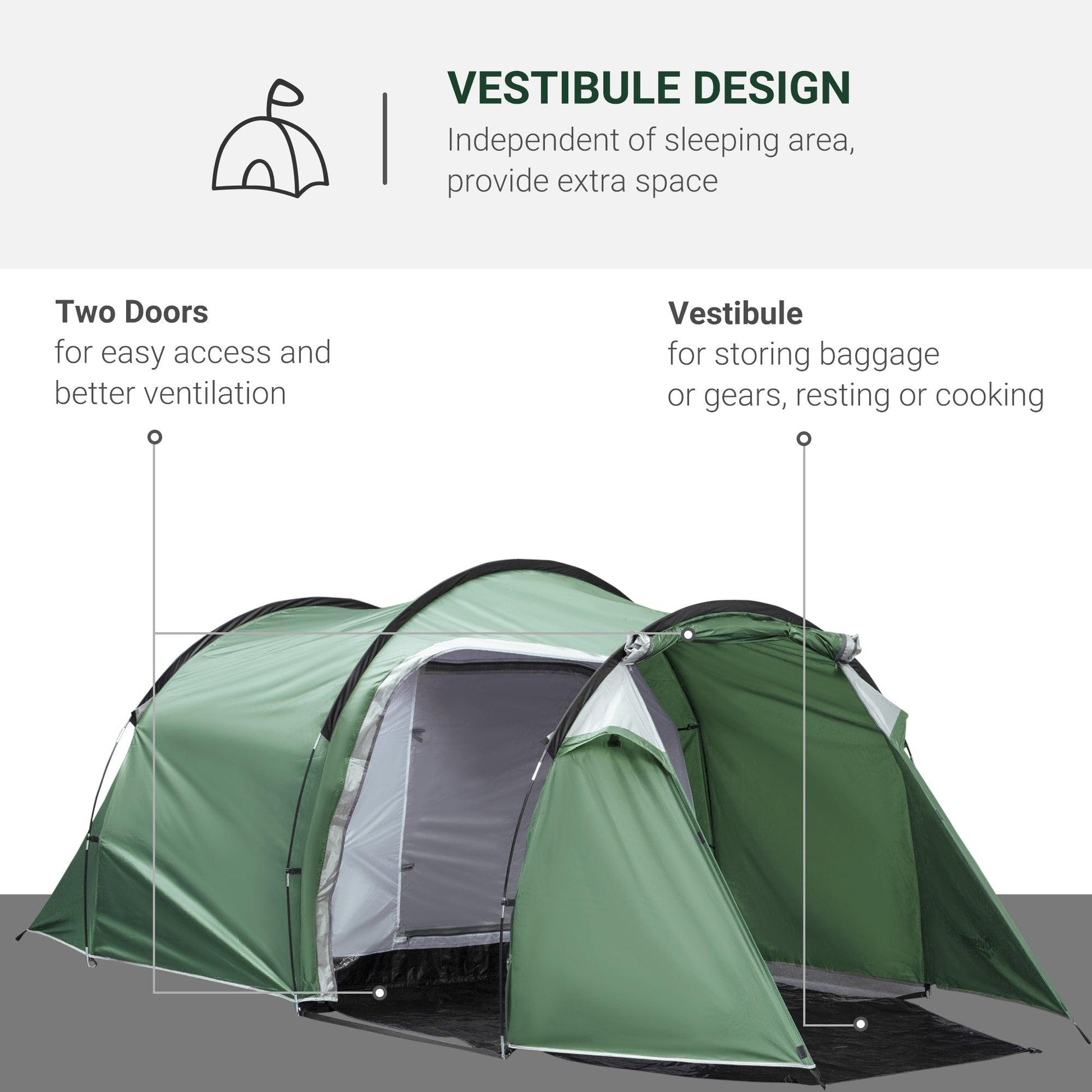 Outsunny Tunnel Tent, 2-3 Person Camping Tent with Sewn-in Groundsheet, Air Vents, Rainfly, 2000mm Water Column, Green - ALL4U RETAILER LTD