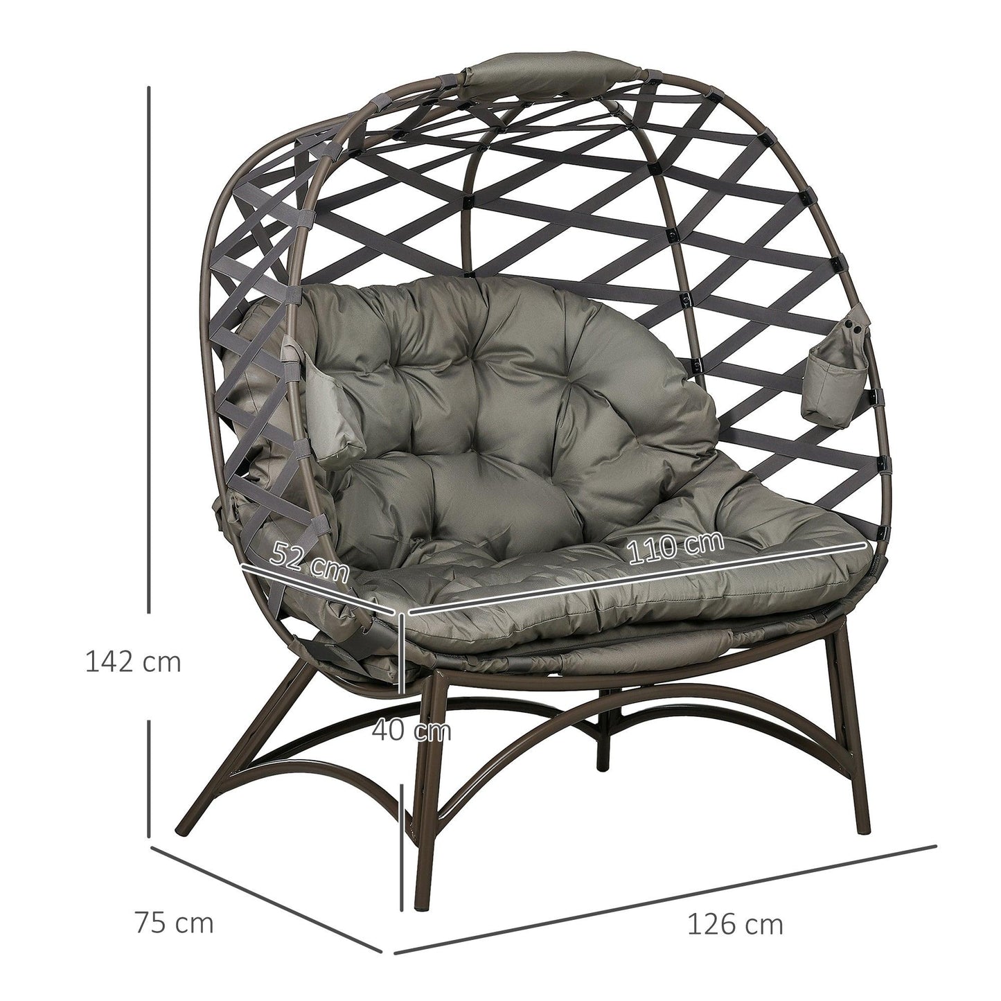 Outsunny 2 Seater Egg Chair Outdoor, Folding Weave Garden Furniture Chair with Cushion, Cup Pockets - Sand Brown - ALL4U RETAILER LTD