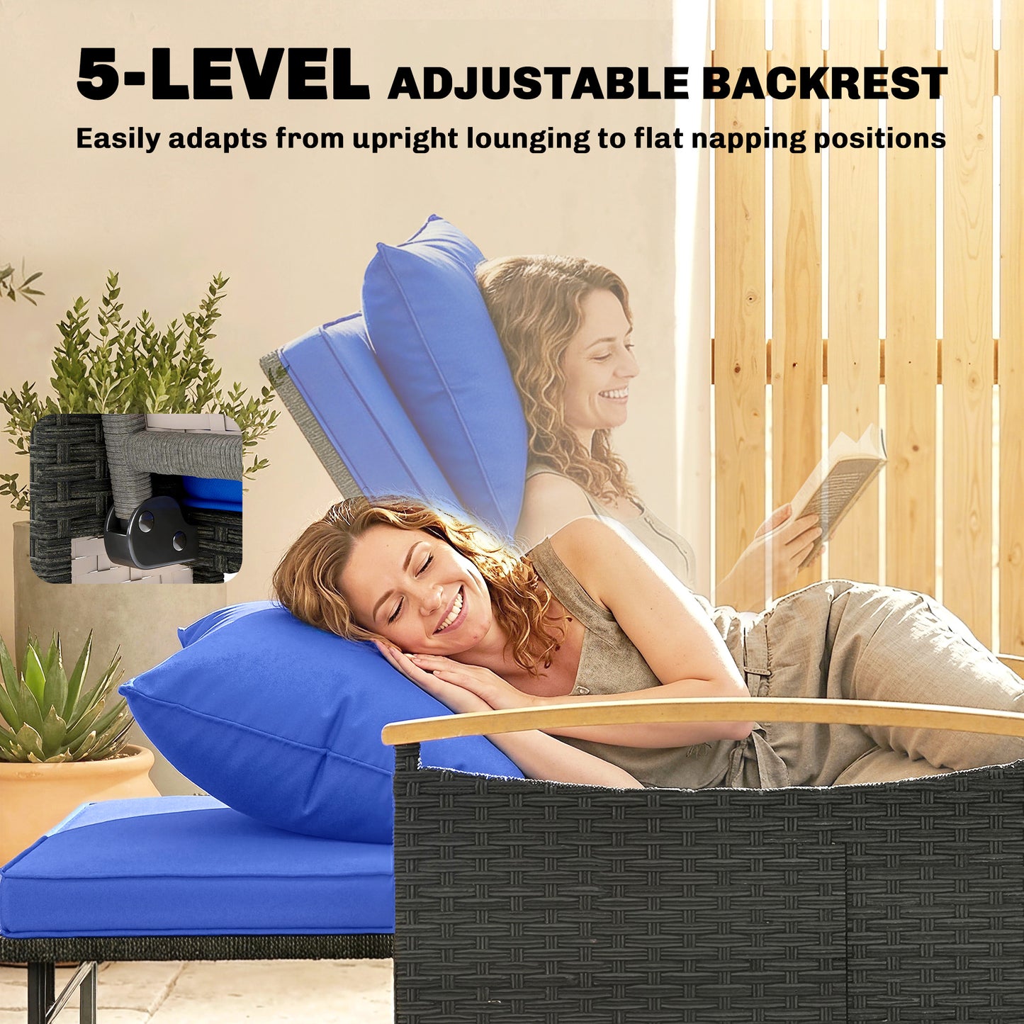 Outsunny Double Garden Rattan Daybed With Storage Ottoman And Five Level Adjustable Backrest Brown
