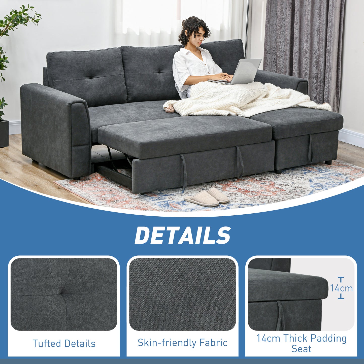 HOMCOM Dark Grey L-Shaped Convertible Sofa Bed with Storage and Recliner Function - ALL4U RETAILER LTD