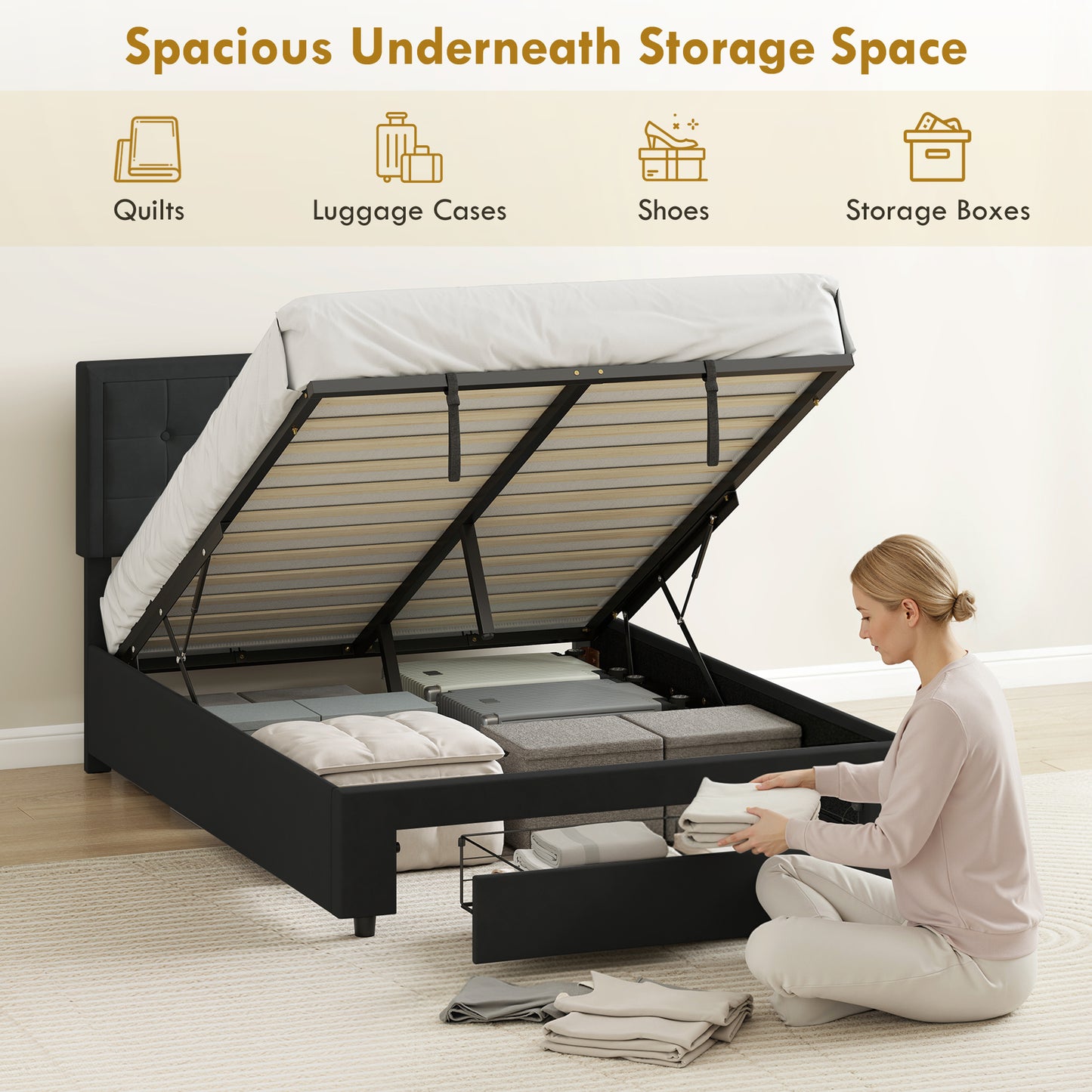 HOMCOM Double Ottoman Bed Frame With Front Storage Drawer And Gas Lift Mechanism Black