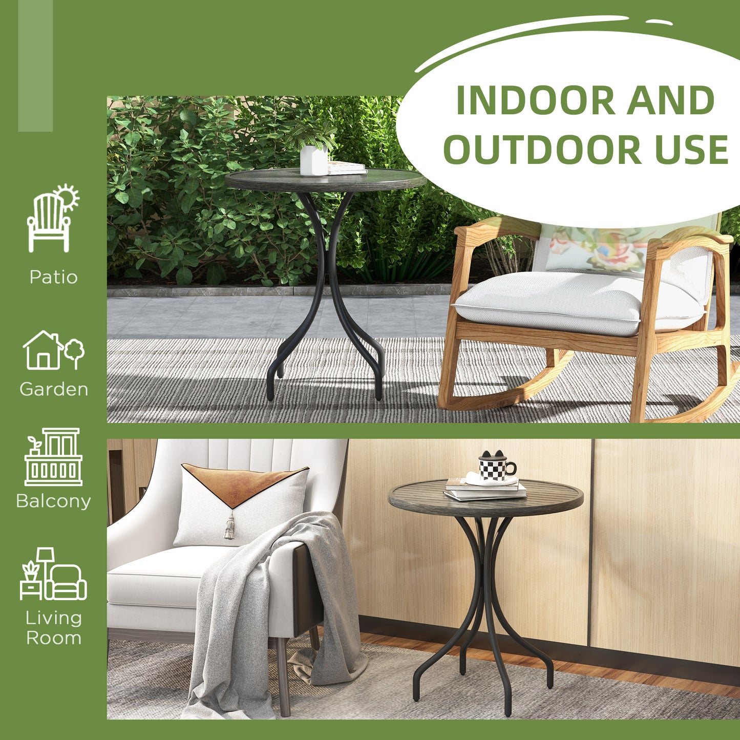 Outsunny 66cm Galvanised Steel Round Garden Table With Slatted Top Grey Powder Coated Frame