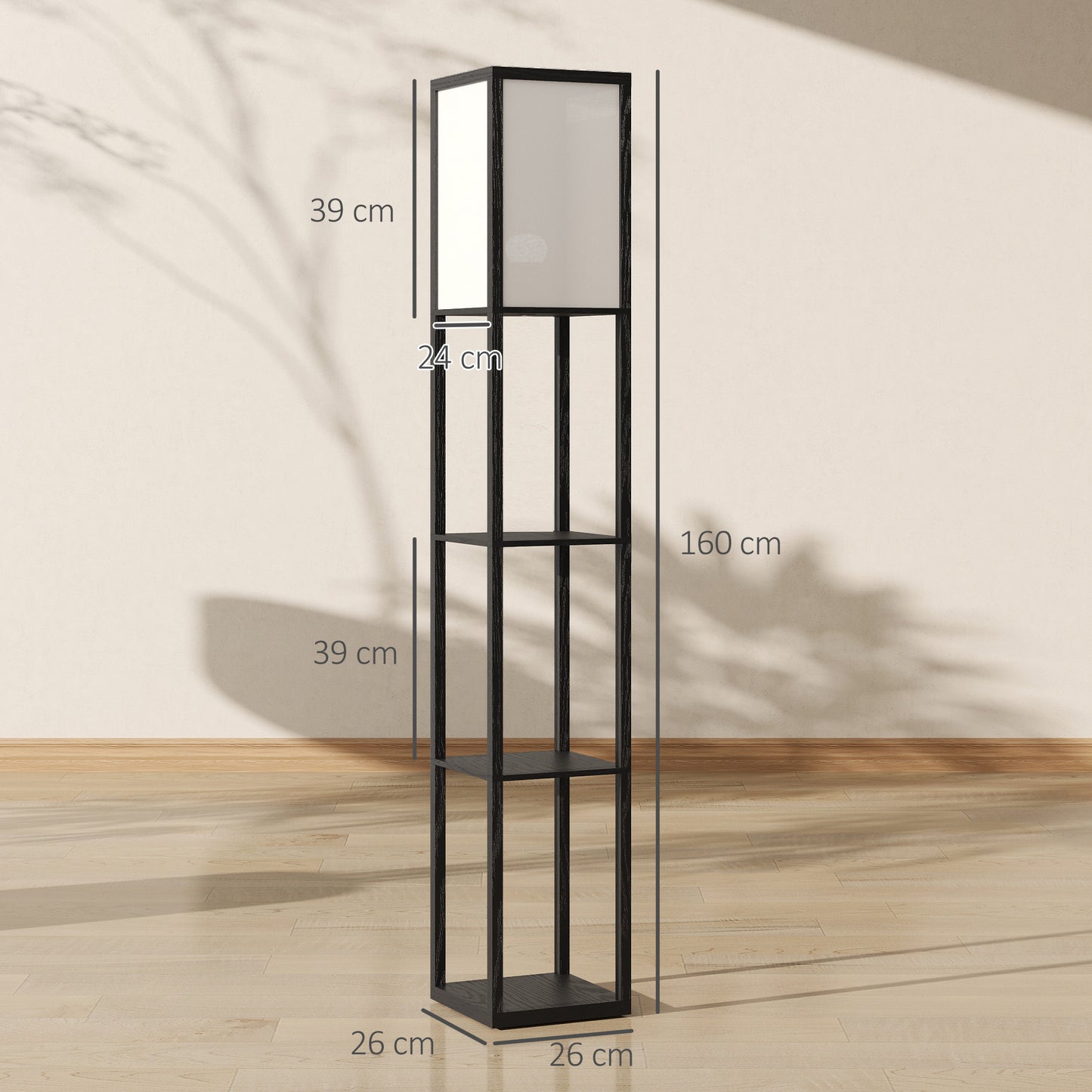 HOMCOM Floor Lamp With Shelves Three Tier Modern Standing Lamp For Living Room Bedroom Office Black Bulb Not Included