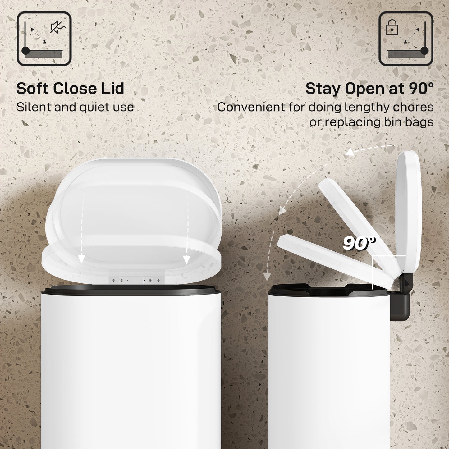 HOMCOM 30 L Pedal Kitchen Bin Modern Curved White With Soft Close Lid Fingerprint Resistant Metal For Quiet Operation