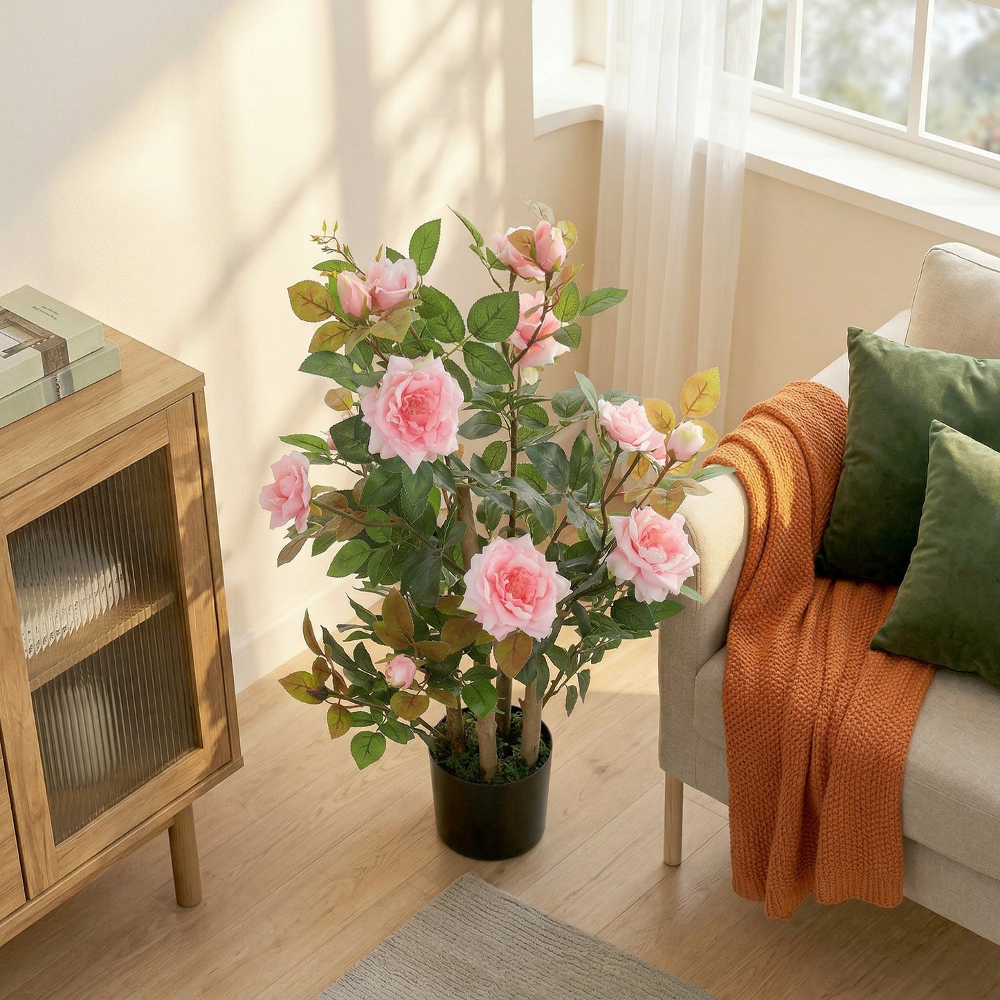 HOMCOM 90cm Artificial Rose Tree with 344 Silk Leaves and 17 Pink Flowers for Indoor and Outdoor Decor