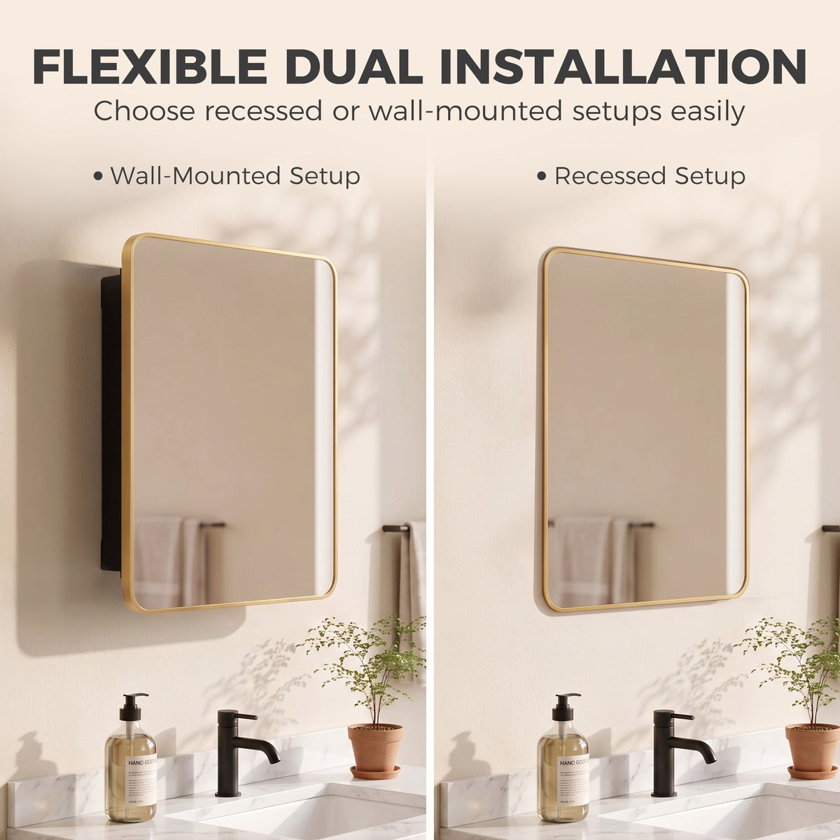 Gold-framed mirror cabinet with reflective door shown in two mounting setups.