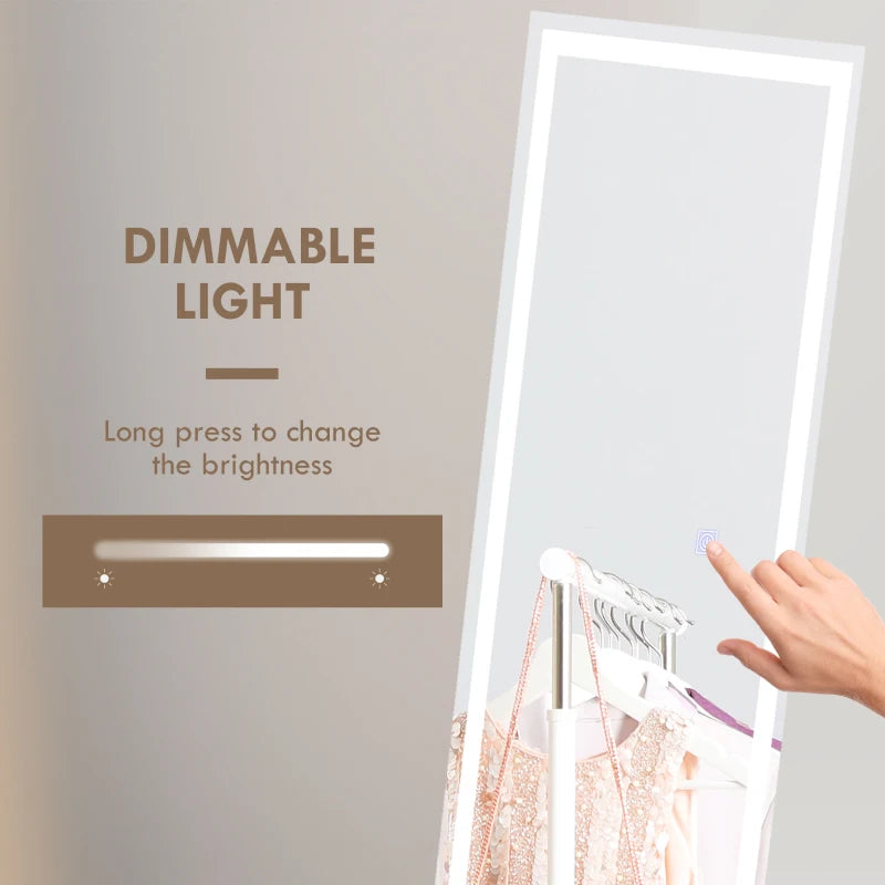 HOMCOM Standing Dressing Mirror with LED Lights, Wall-Mounted Vanity Mirror for Bedroom with Dimmable and 3-Color Lighting Options - White - ALL4U RETAILER LTD