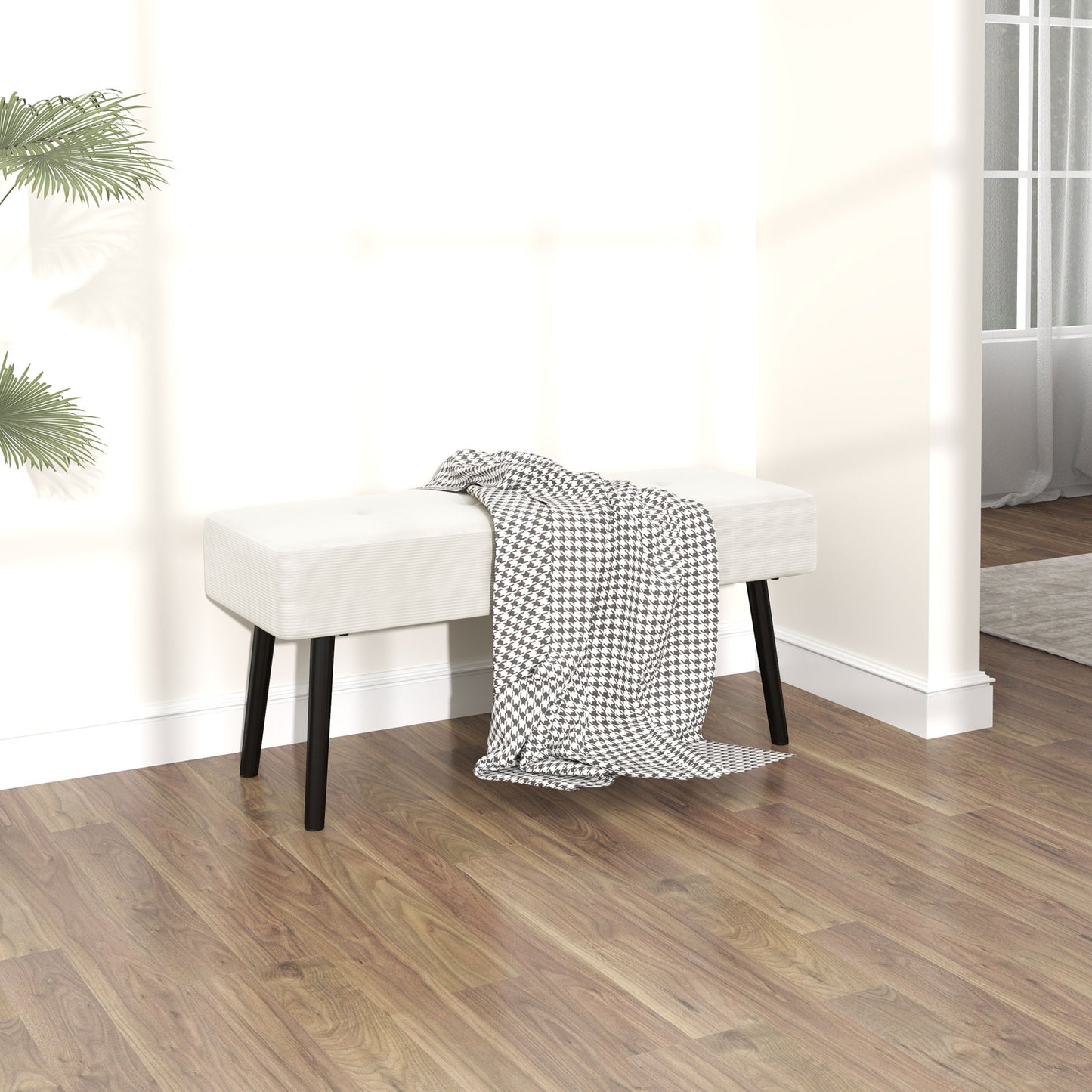 End Of Bed Bench Corduroy Upholstered With Thick Padding And Steel Legs Tufted Window Seat For Entryway Cream White