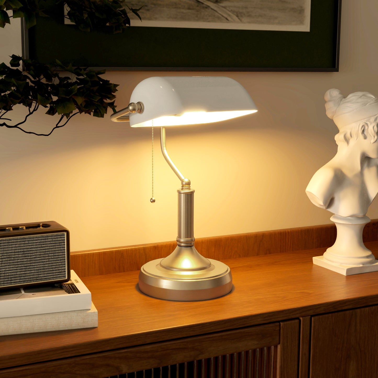 HOMCOM Vintage-Inspired Antique Bronze Banker’s Desk Lamp with White Glass Shade for Home Office - ALL4U RETAILER LTD