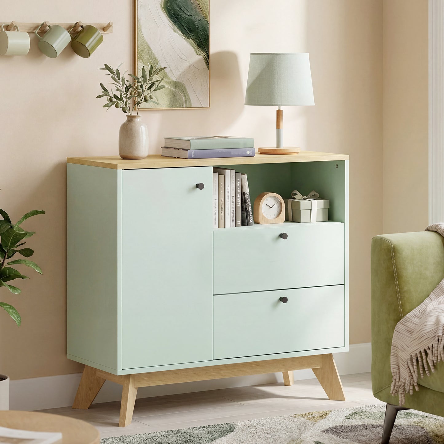 HOMCOM Light Green And Oak Sideboard Storage Cabinet 80 Cm Buffet With 2 Drawers Open Compartment Adjustable Shelf