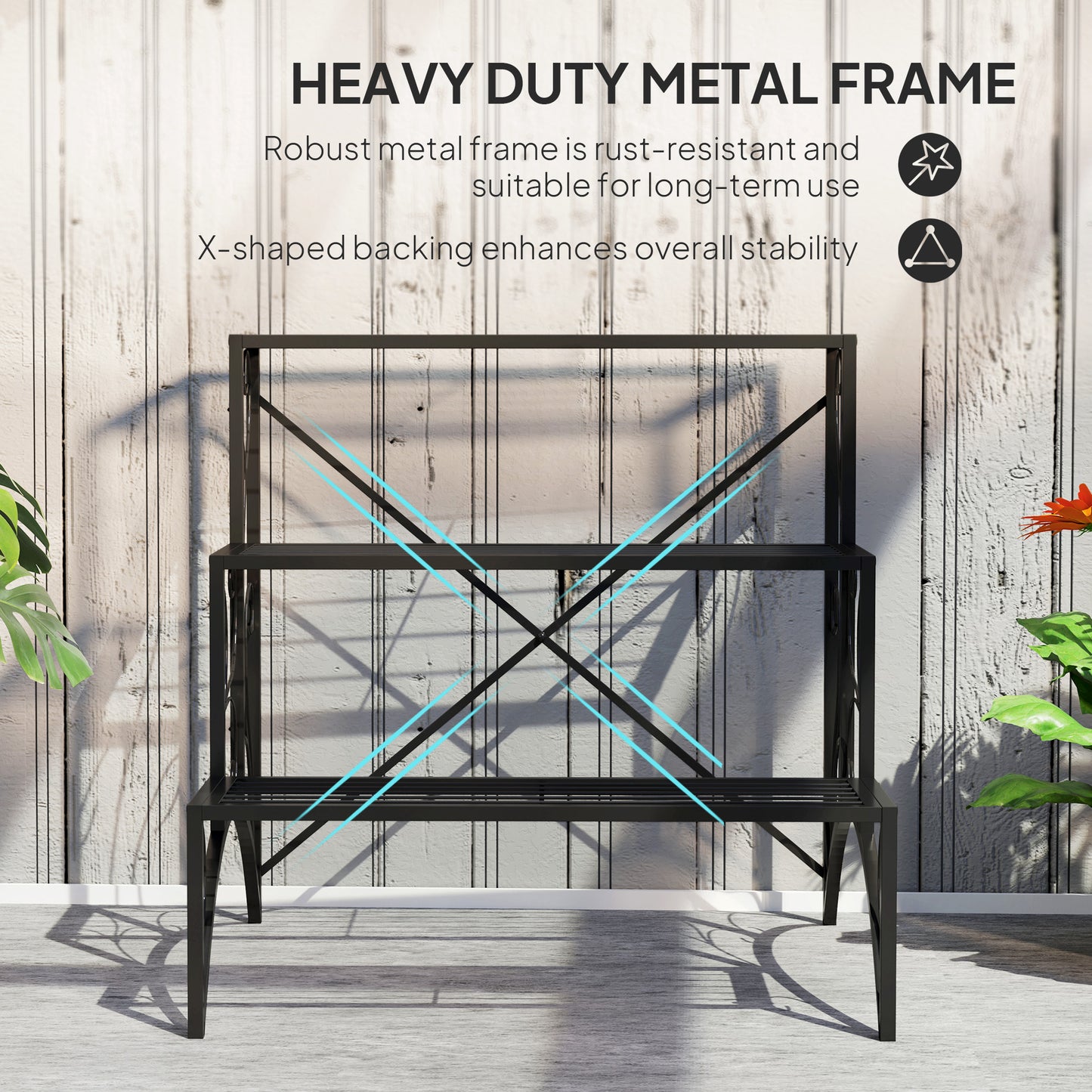 Outsunny Three Tier Decorative Metal Plant Stand Black Indoor Outdoor Garden Display