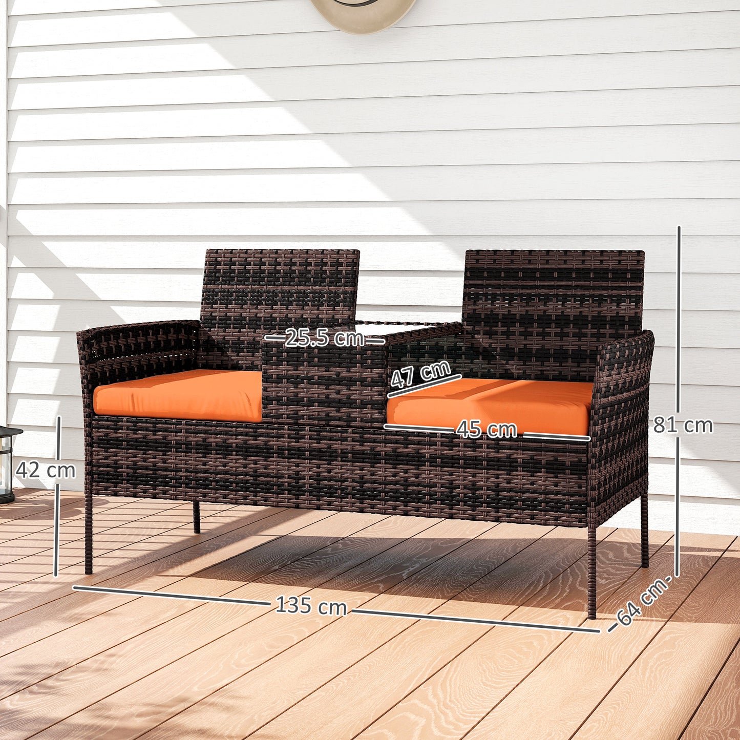 Outsunny Two Seat Rattan Conversation Set With Center Glass Table For Outdoor Patio Orange