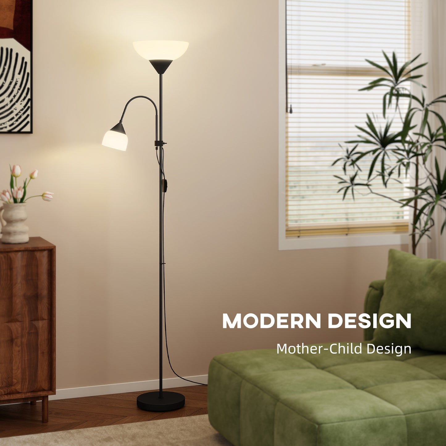 HOMCOM LED Floor Lamp For Living Room With Adjustable Gooseneck Dual Lights Mother And Child Uplighter Black 180cm