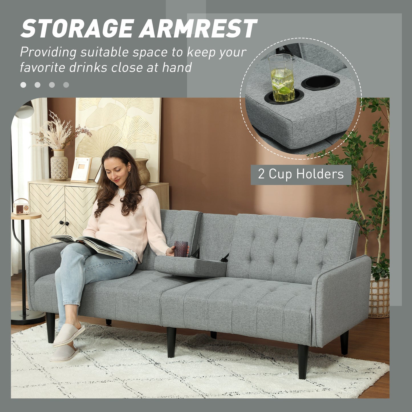 HOMCOM Three Seater Sofa Bed With Cupholders Light Grey For Small Spaces And Guest Overnight Comfort