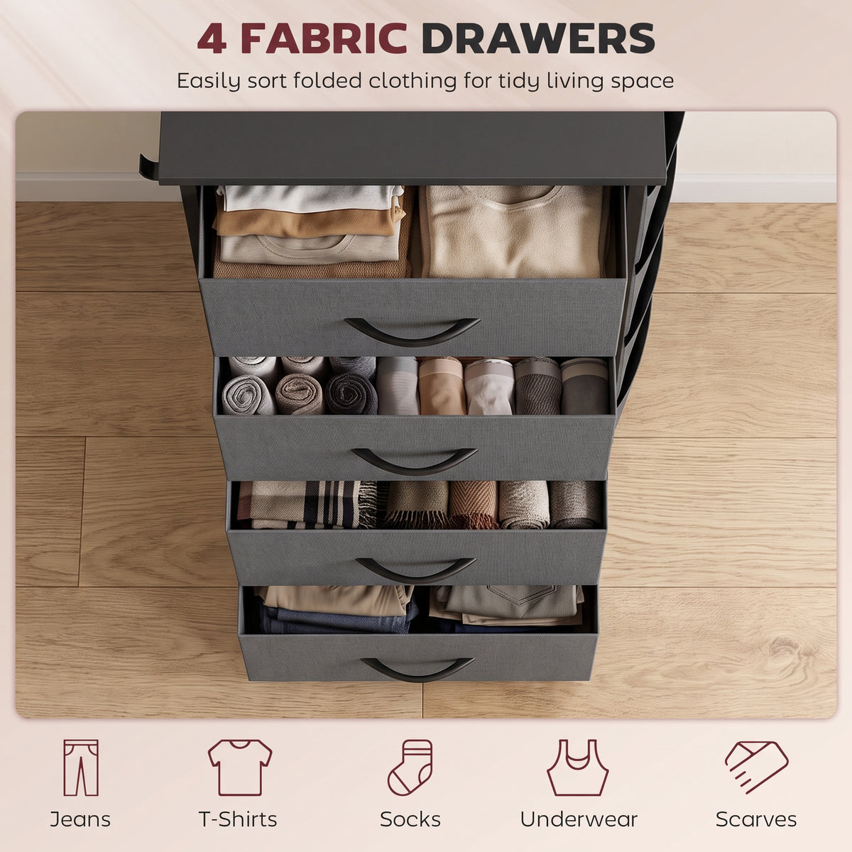 Grey fabric dresser with four open drawers, showing folded clothing storage compartments