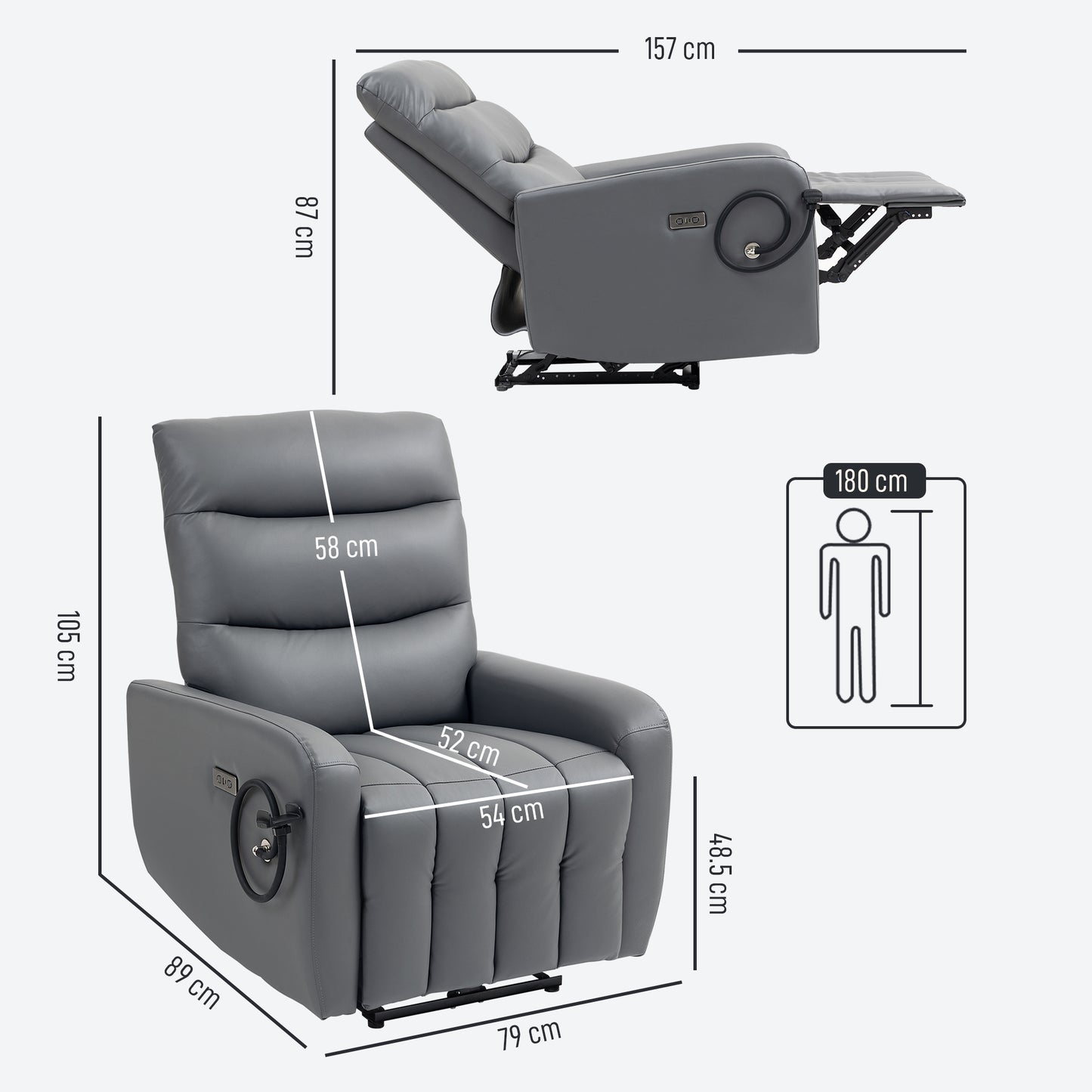HOMCOM Electric Recliner With USB And Type C Ports, Phone Holder, PU Leather, Adjustable Leg Rest, Grey For Living Room