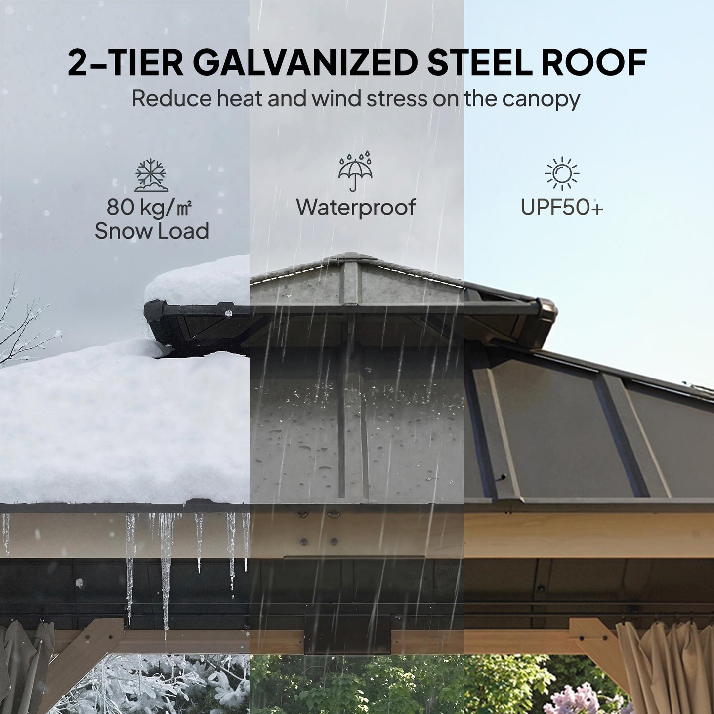 Outsunny 3 x 3 m Outdoor Hardtop Gazebo Canopy With Curtains And 2 Tier Steel Roof Wood Garden Gazebo Light Grey