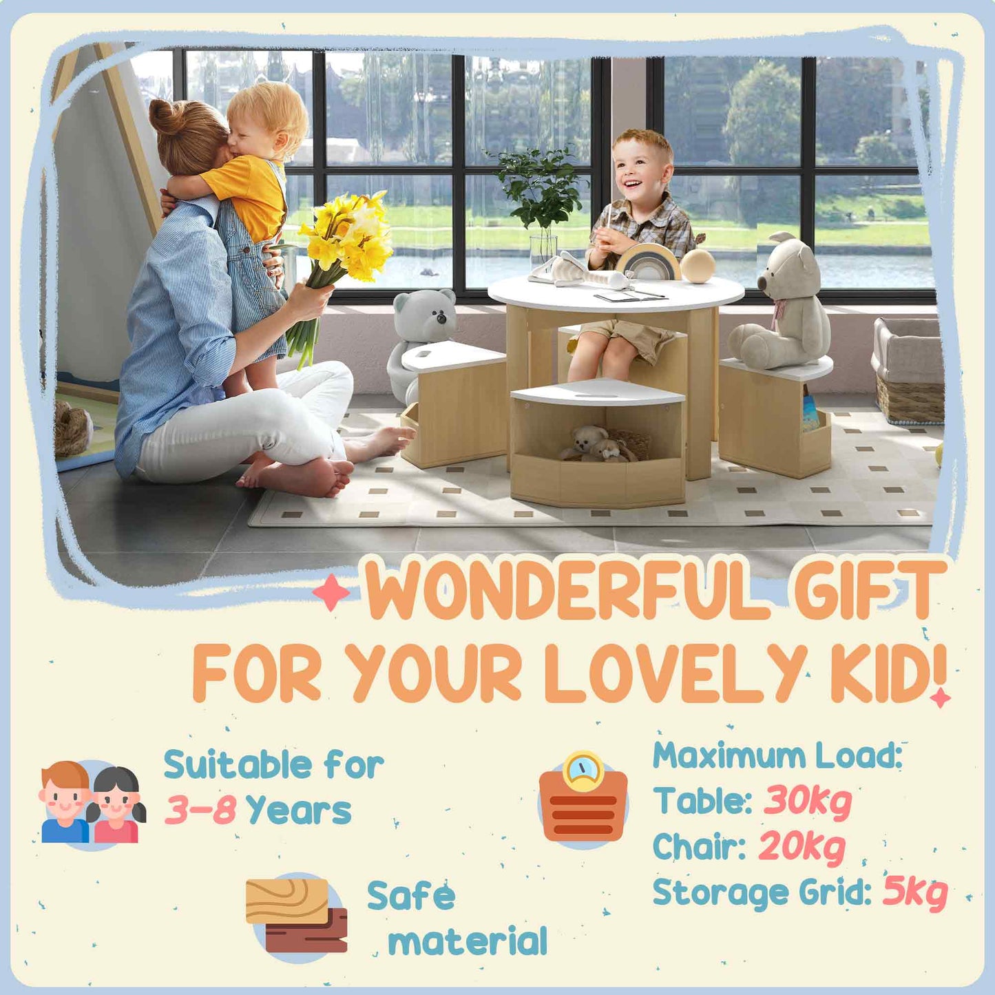 AIYAPLAY Five Piece Kids Table And Chairs Set With Storage For Ages 3 To 8 White