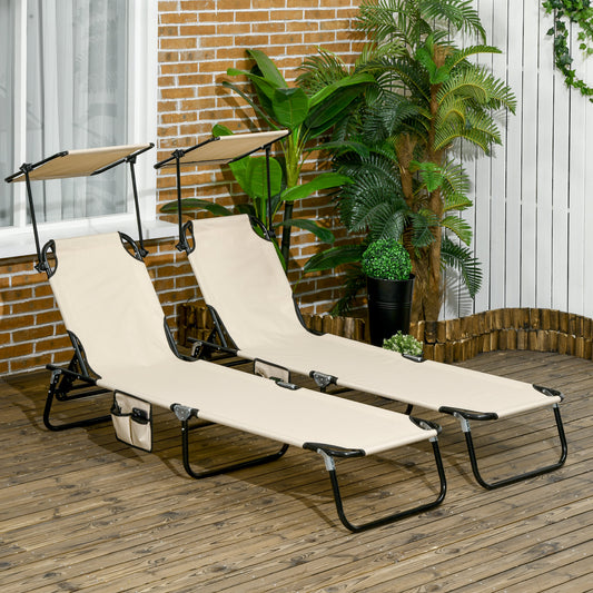 Outsunny Folding Sun Loungers With Canopy Adjustable Recliners Side Pocket Steel Frame For Pool Beach Garden Tan Brown