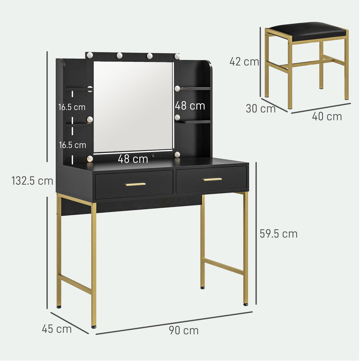 HOMCOM Modern Black Makeup Vanity Set with Lighted Mirror, Cushioned Stool, and Ample Storage - ALL4U RETAILER LTD