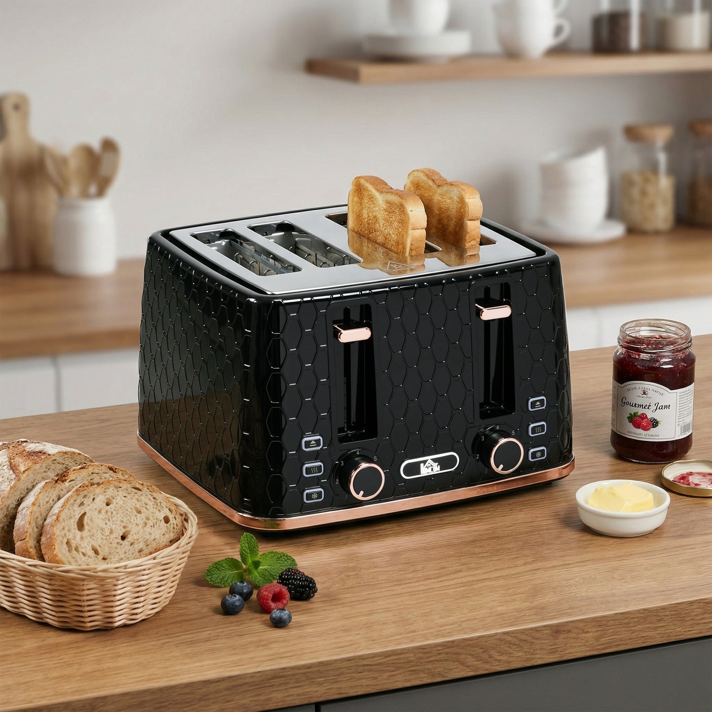 4 Slice Toaster With 7 Browning Levels High Lift Reheat Defrost Cancel Self Centring Crumb Tray 1600W Black Honeycomb