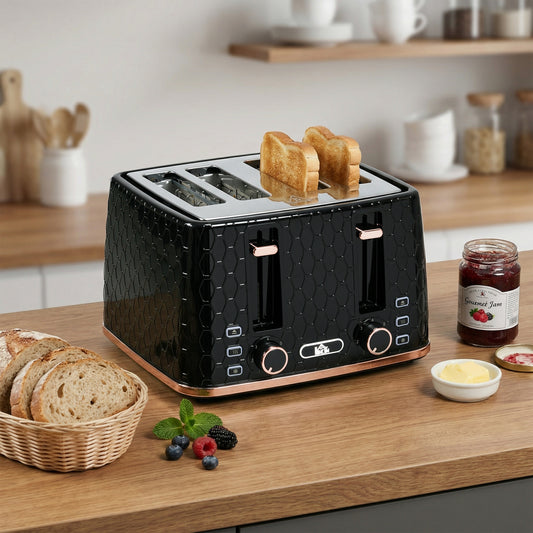 4 Slice Toaster With 7 Browning Levels High Lift Reheat Defrost Cancel Self Centring Crumb Tray 1600W Black Honeycomb