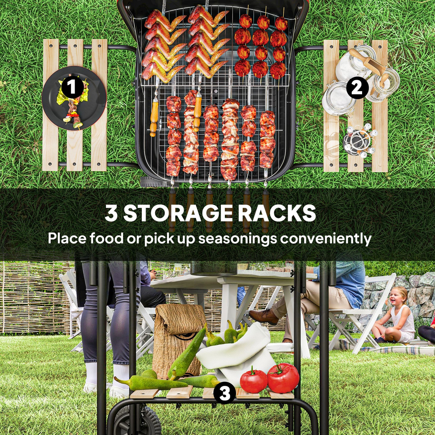 Outsunny Portable Charcoal BBQ Grill With 1840 cm2 Cooking Area Three Shelves Adjustable Vent Lockable Lid Wheels Red